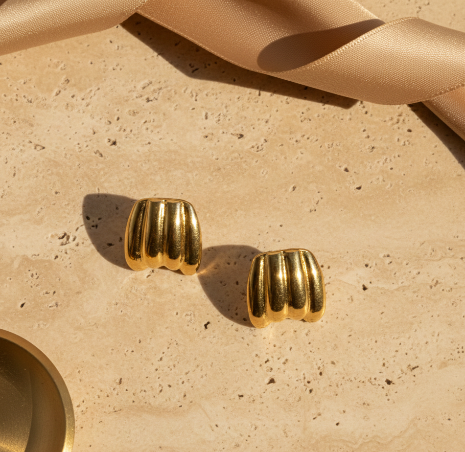 18K Gold Plated Ribbed Stud Earrings in 316L Stainless Steel