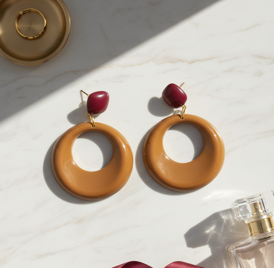 Burgundy and Caramel Resin Oval Drop Earrings Gold Tone Studs