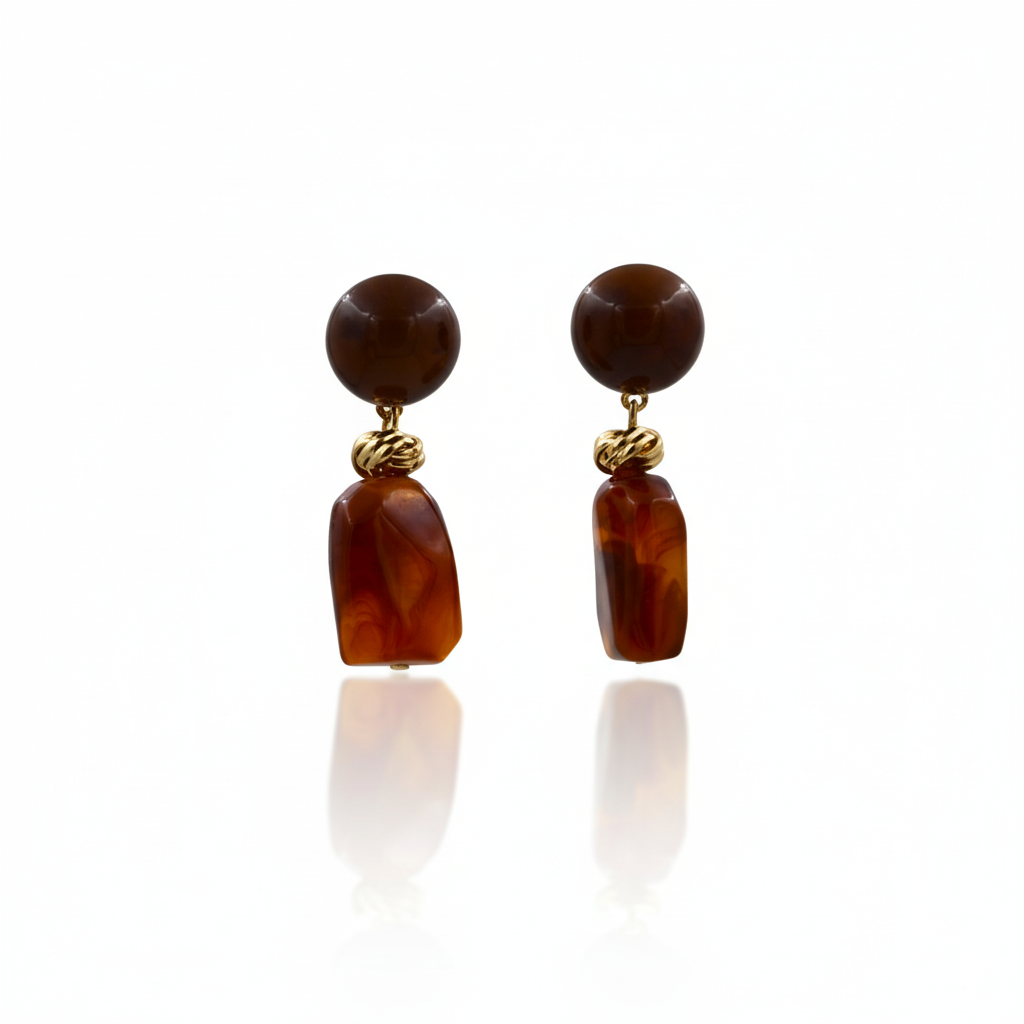 Amber Resin Dangle Earrings Gold Tone Studs