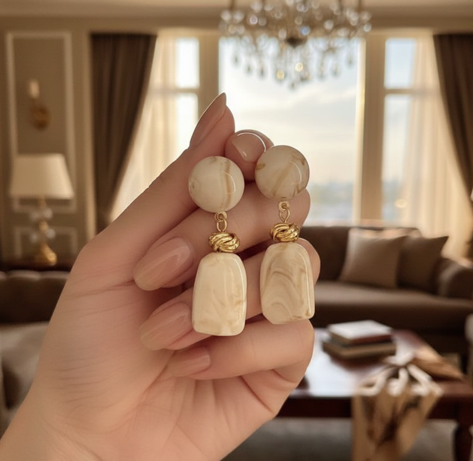 Cream Marble Resin Drop Earrings Gold Tone Knot Detail