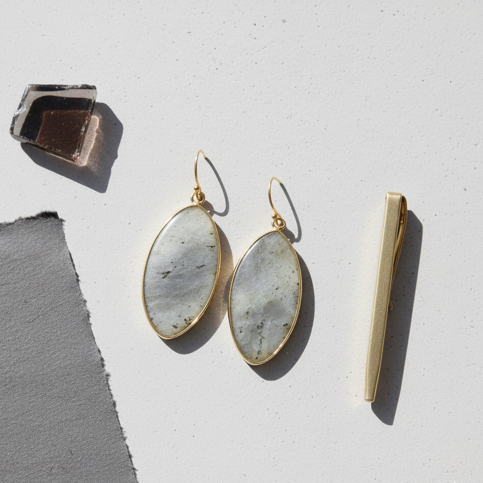 Labradorite Stone Drop Earrings Gold Tone