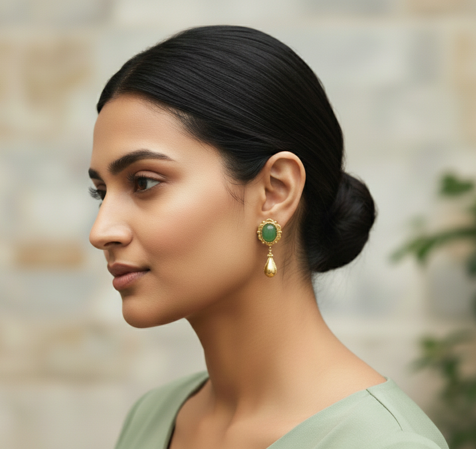 Green Stone Drop Earrings 18K Gold Plated Stainless Steel