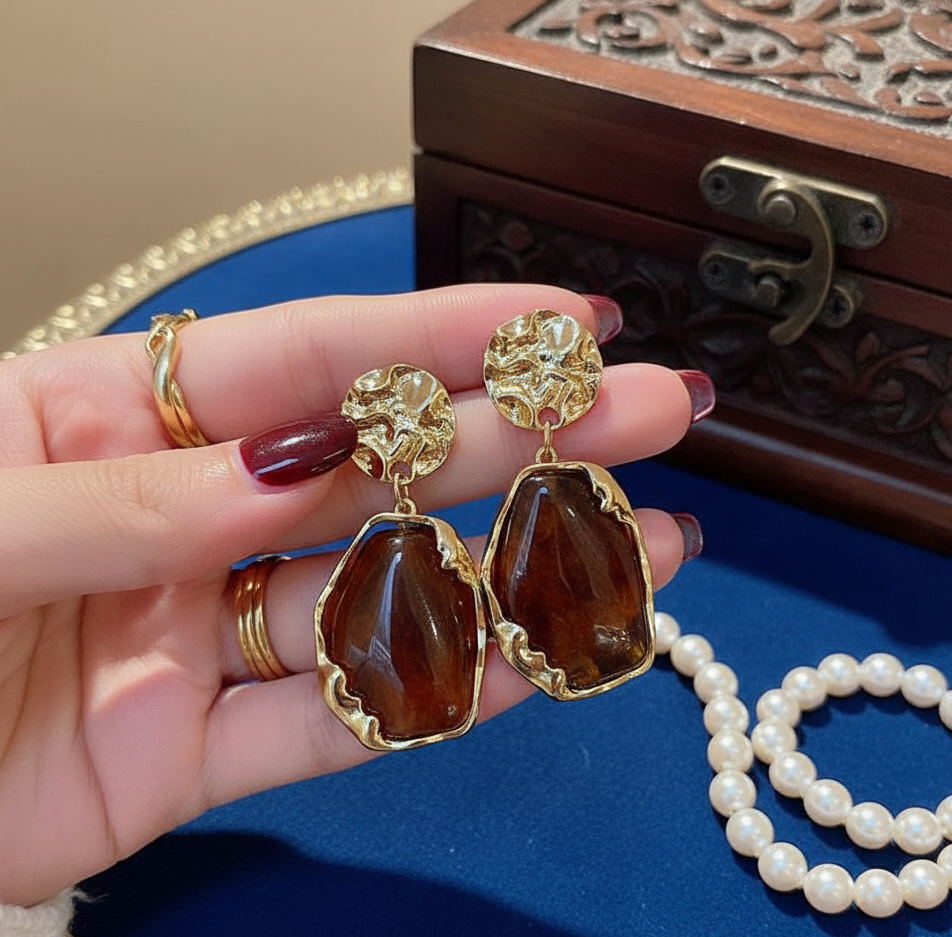 Amber Resin Statement Drop Earrings with Textured Gold Tone Studs