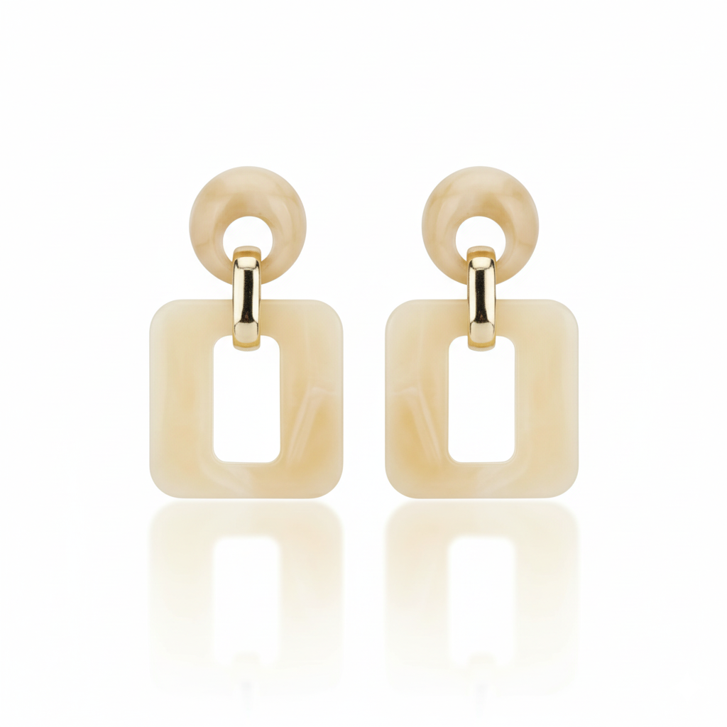 Cream Resin Open Square Drop Earrings Gold Tone Detail