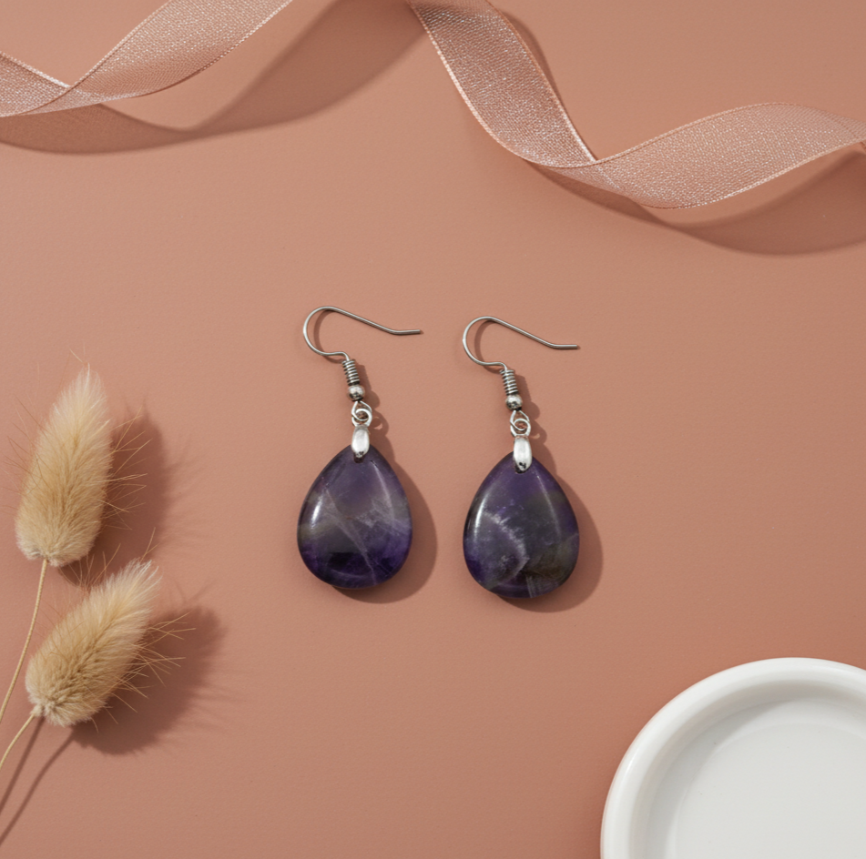 Amethyst Teardrop Dangle Earrings Silver Tone