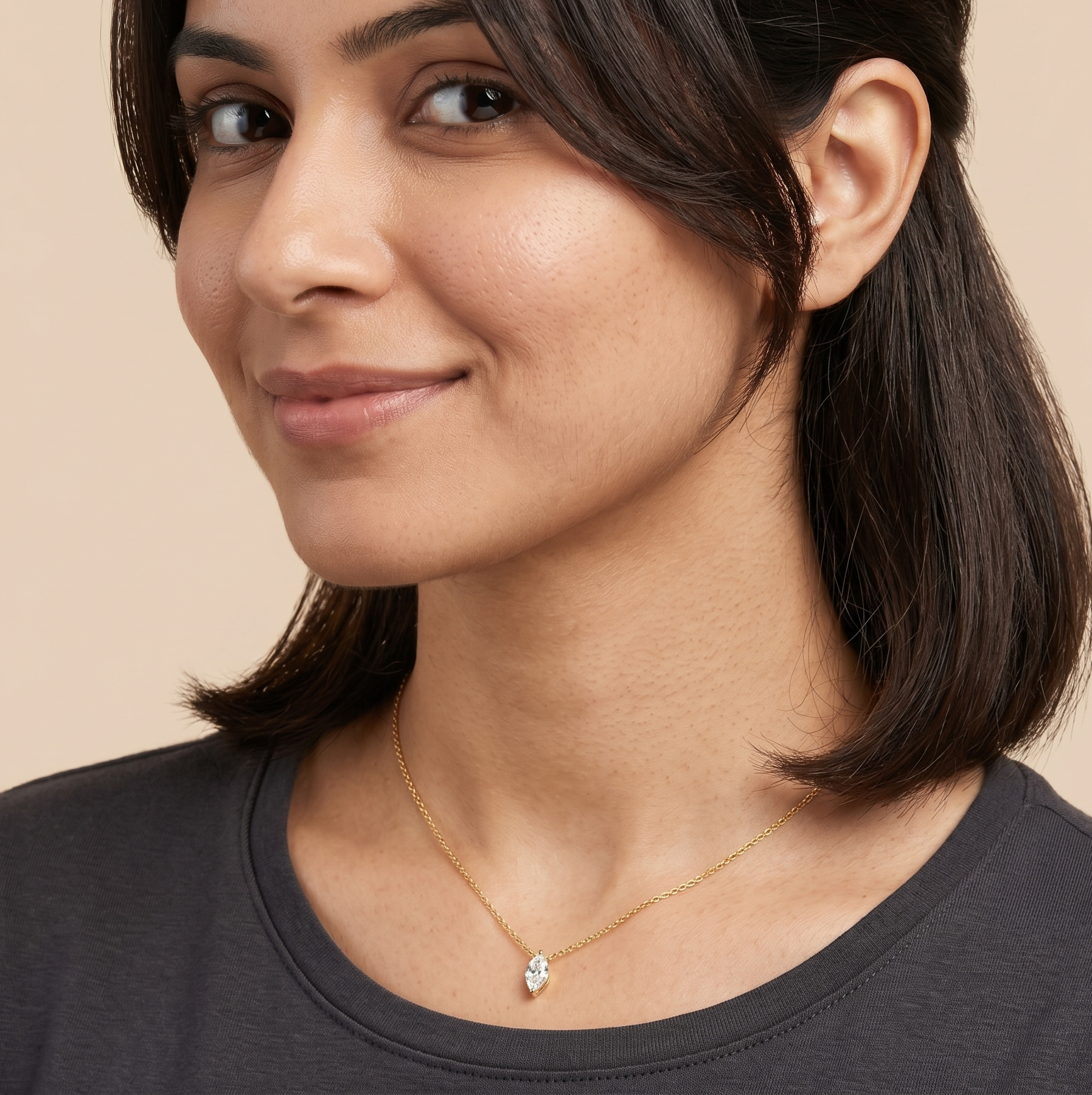 18K Gold Marquise Solitaire Necklace for Women – Dainty Pendant Chain