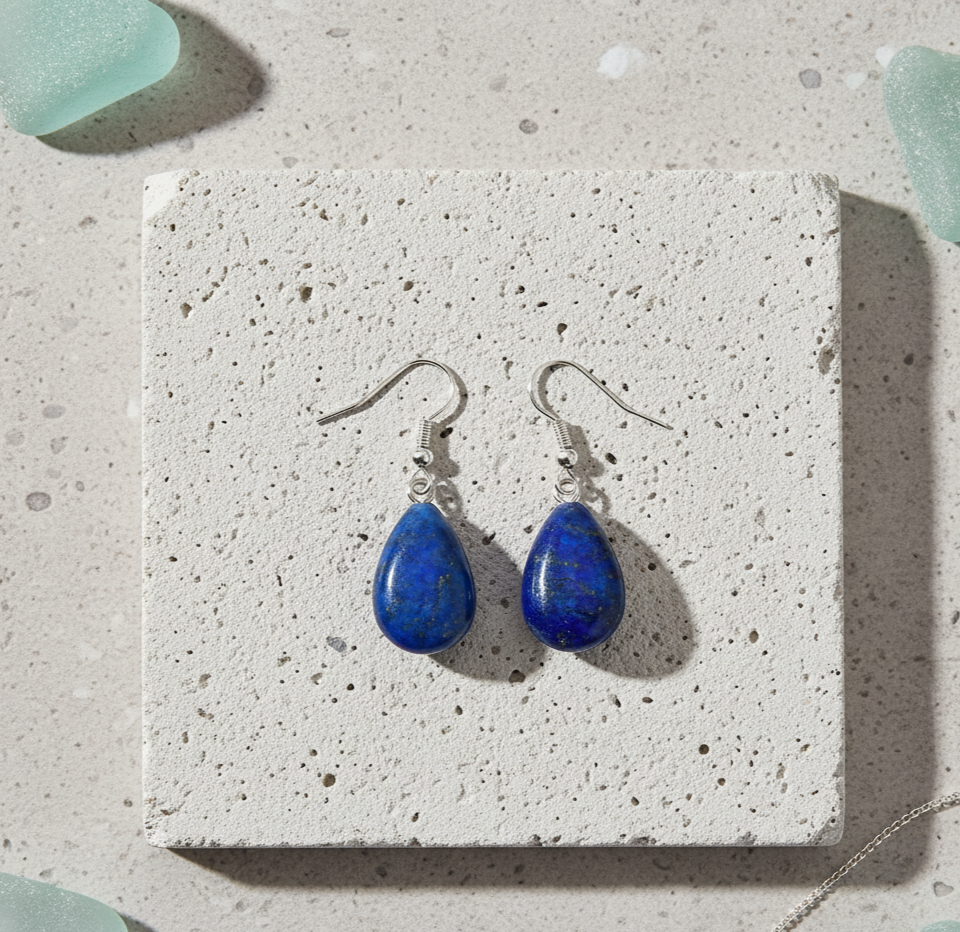 Lapis Lazuli Teardrop Dangle Earrings Silver Tone
