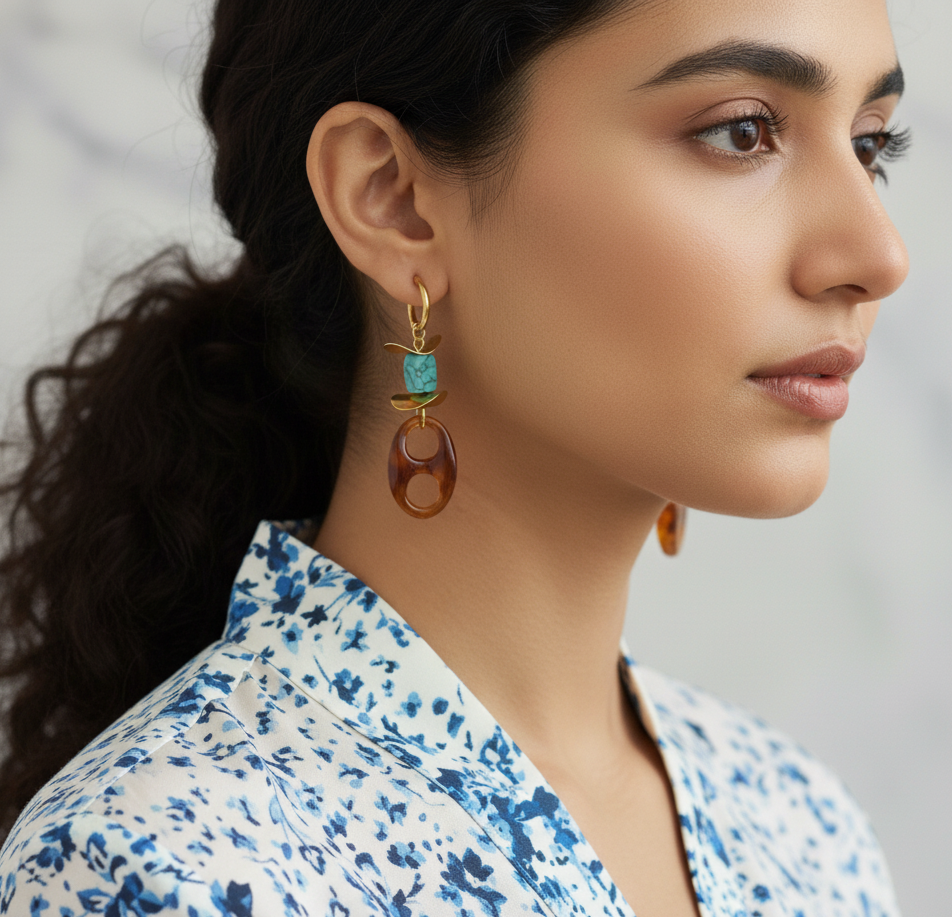 Turquoise Resin Dangle Earrings Gold Tone Stainless Steel