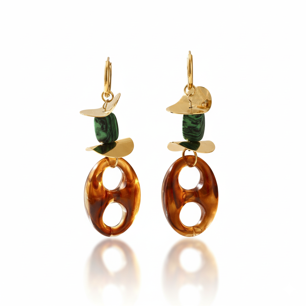 Gold Plated Resin Drop Earrings with Green Stone Bead and Stainless Steel