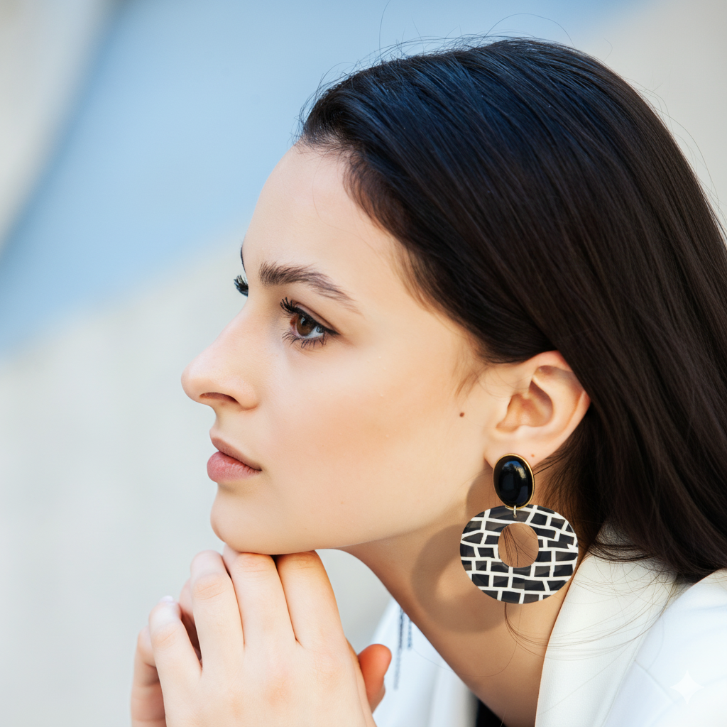 Black and Cream Acrylic Statement Drop Earrings Gold Tone Studs