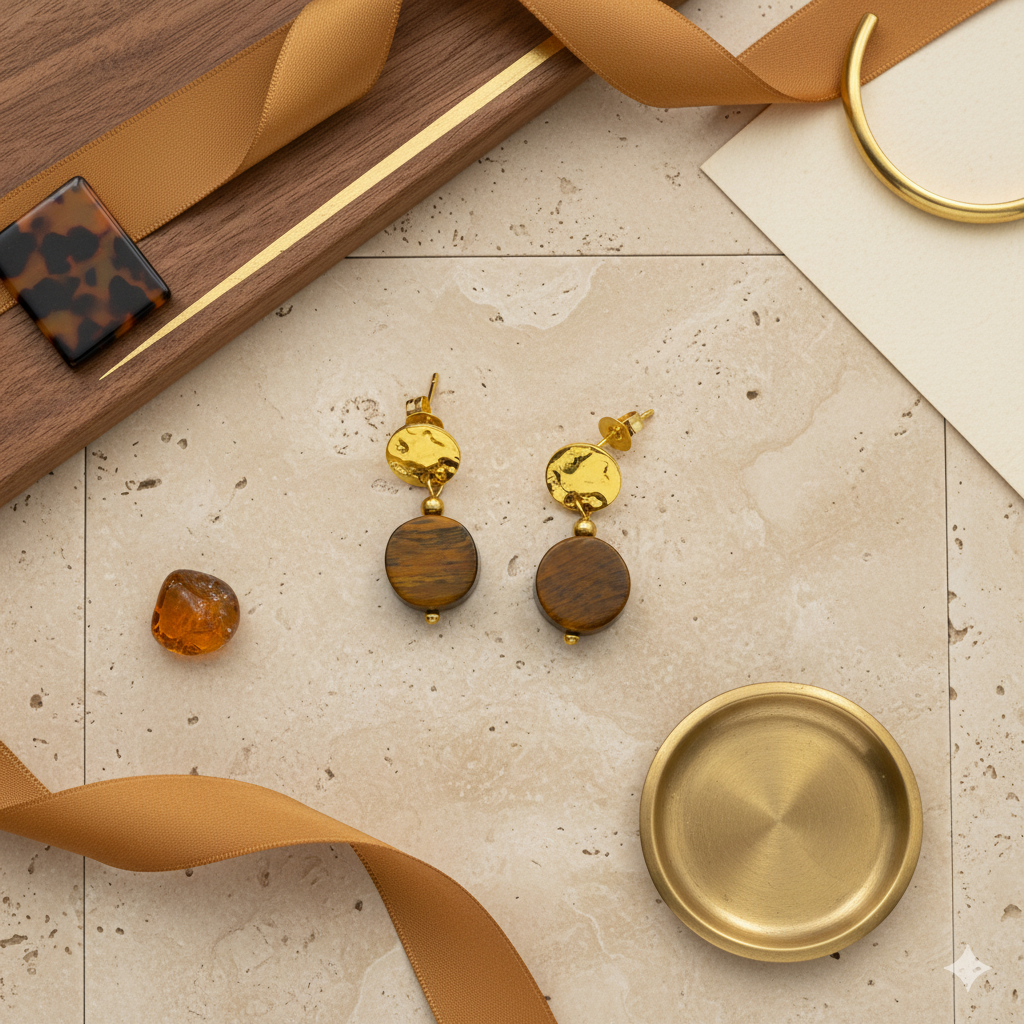 Tiger Eye Drop Earrings Gold Tone Brass