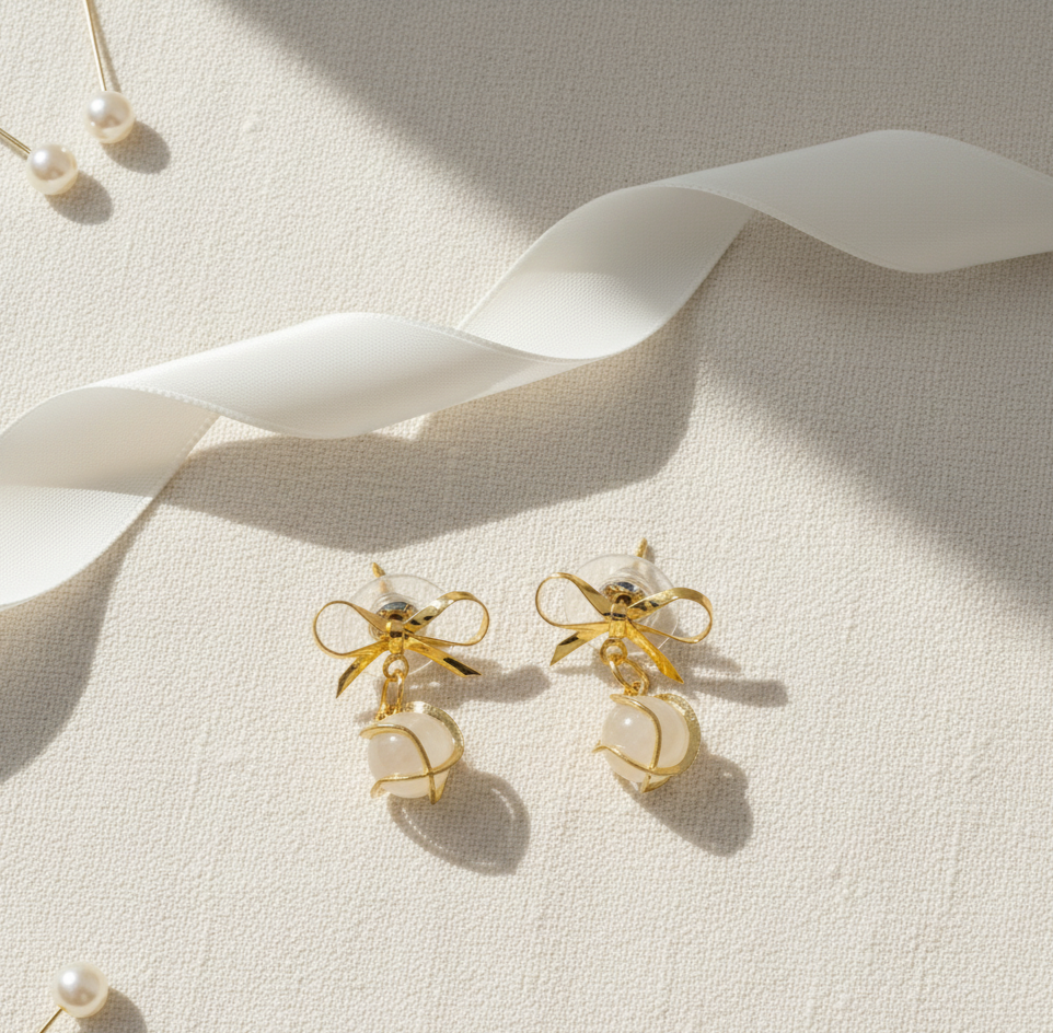 Gold Plated Bow Cat Eye Dangle Earrings