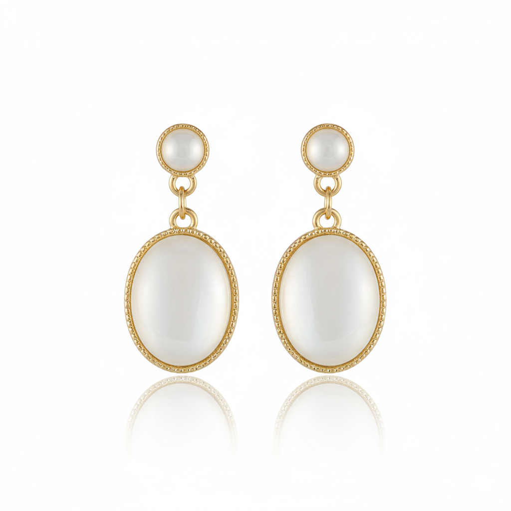 White Cat’s Eye Drop Earrings Gold Tone Stud Earrings