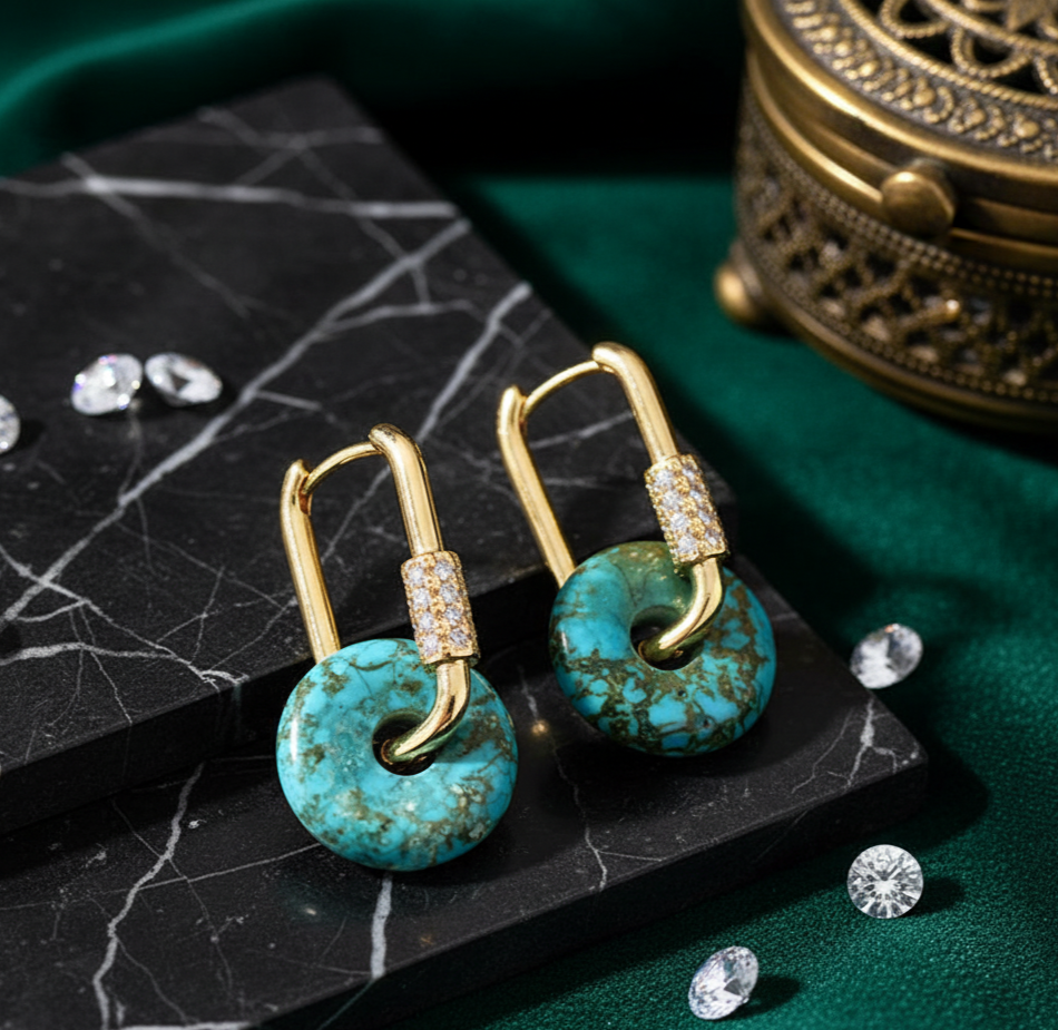 Turquoise Hoop Earrings Gold Tone Stainless Steel