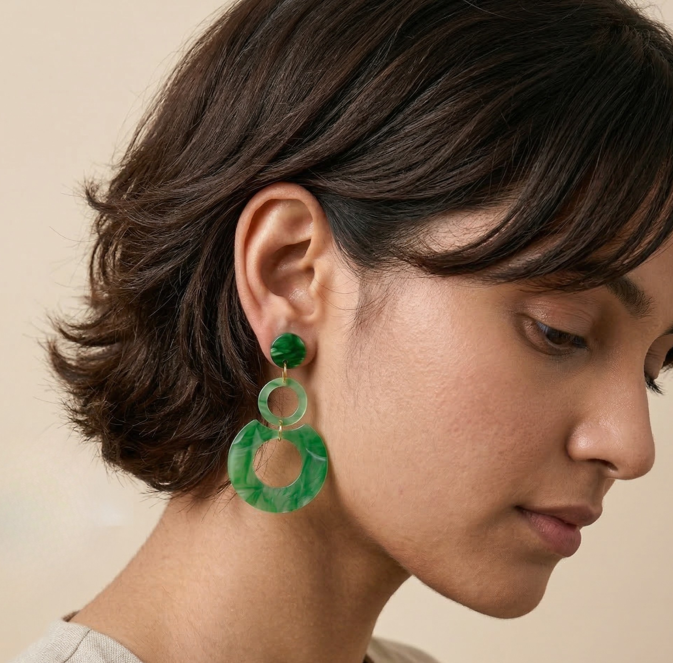 Green Abstract Resin Circle Drop Earrings Gold Tone Studs