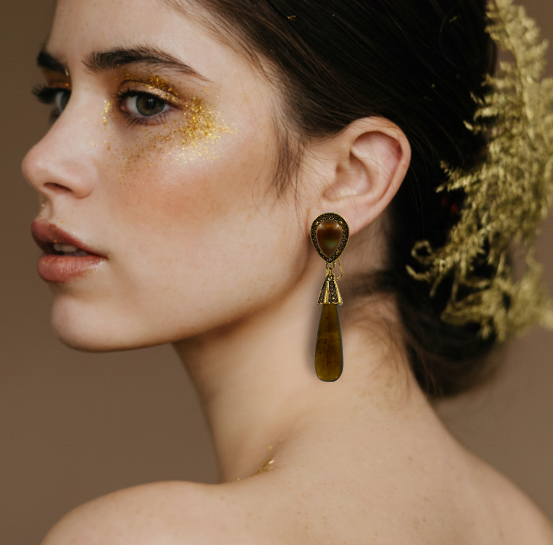 Tiger Eye Style Water Drop Dangle Earrings Gold Tone Studs