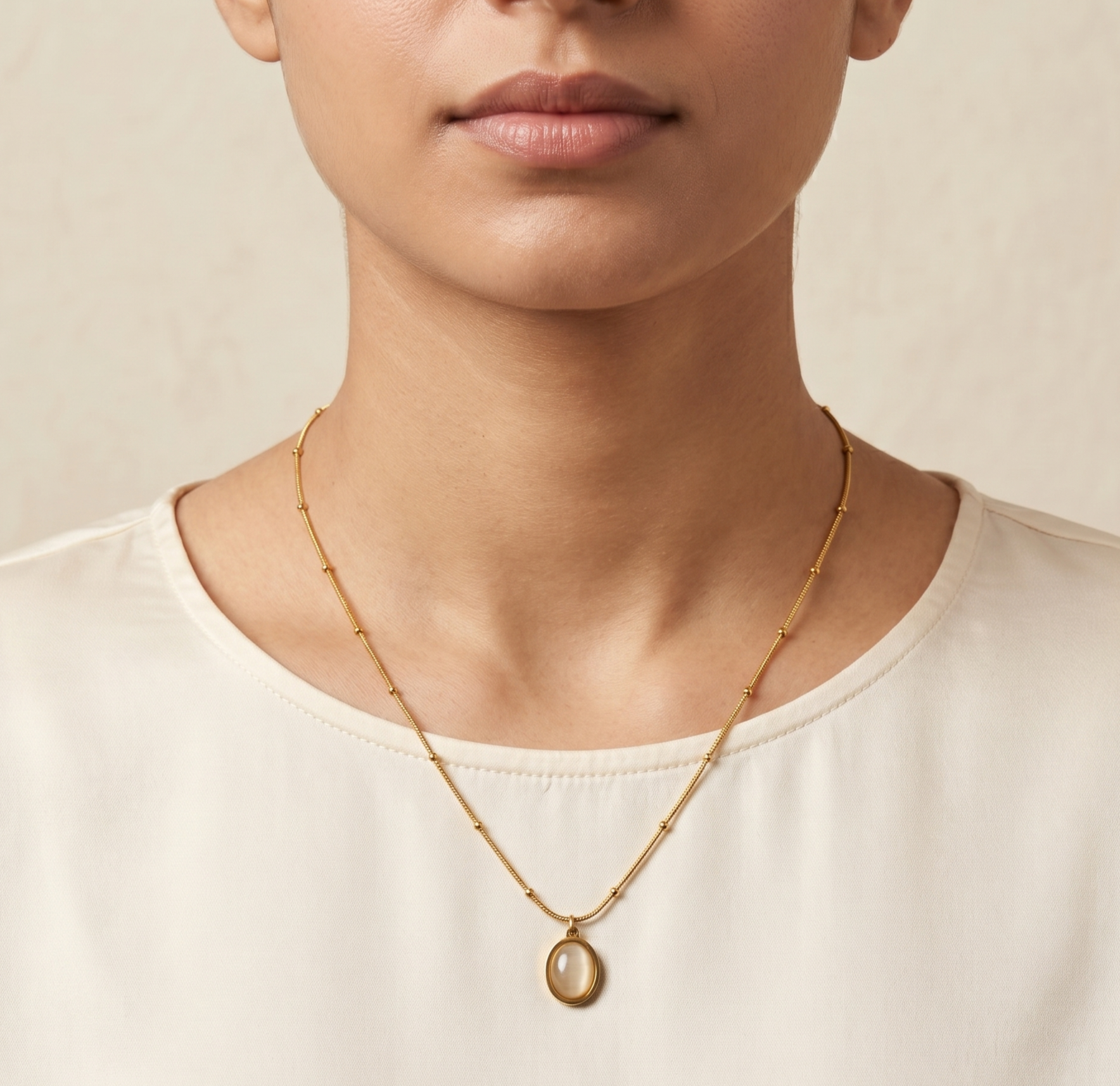 Vintage Cat Eye Stone Oval Pendant Necklace in 18K Gold Plated Stainless Steel