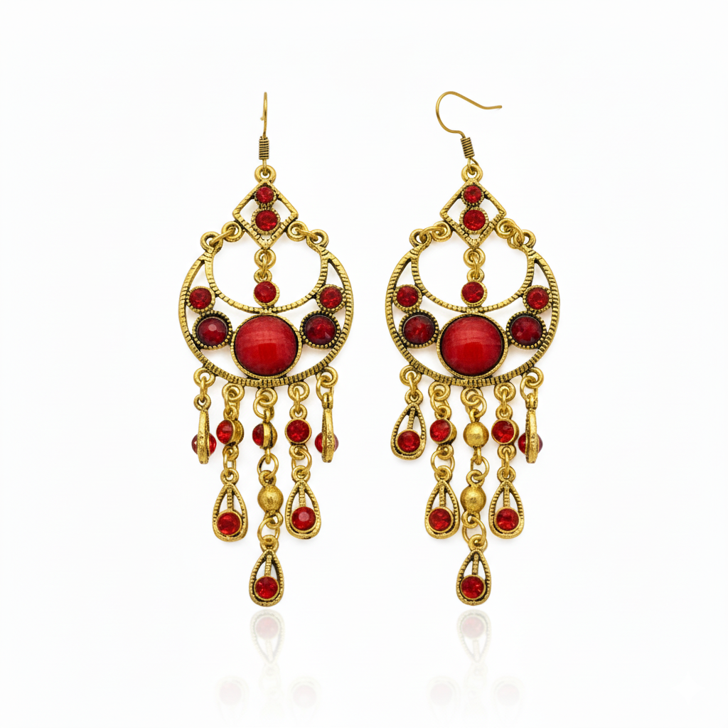 Bohemian Red Stone Tassel Earrings Gold Tone Alloy