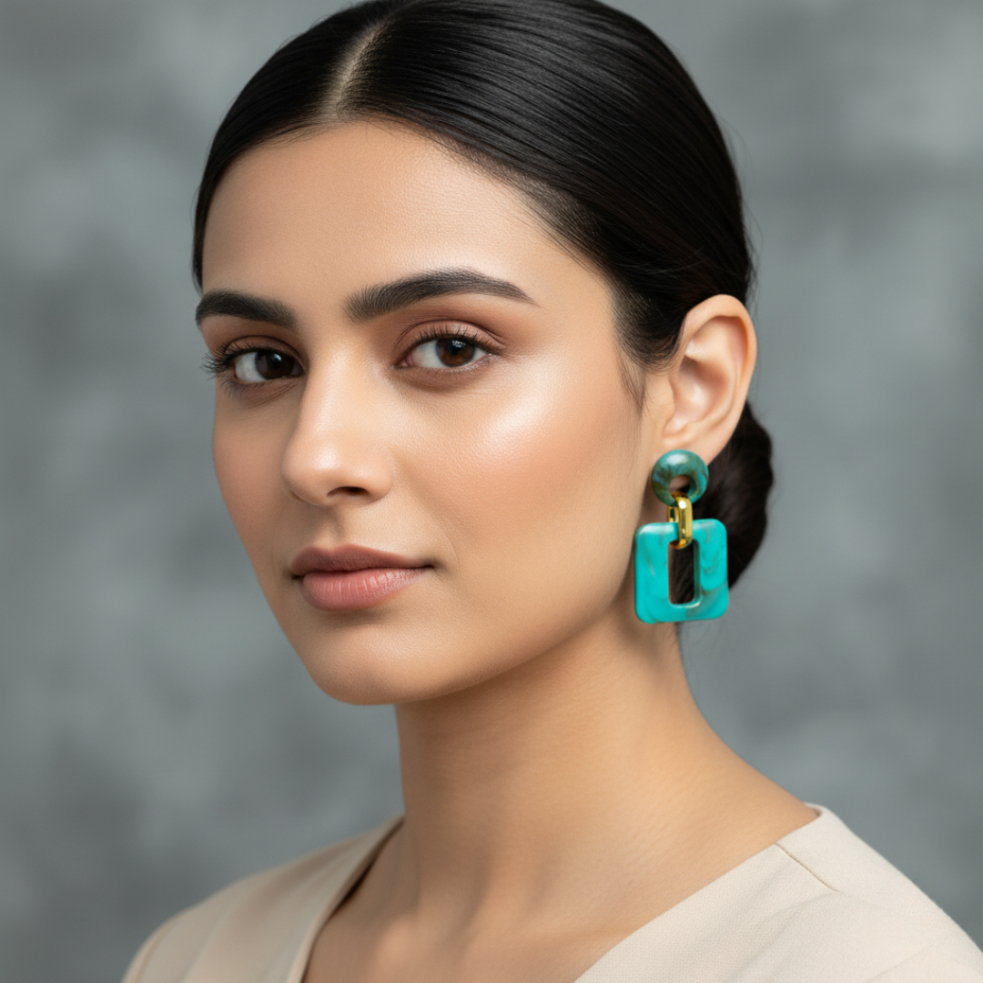 Turquoise Acrylic Geometric Dangle Earrings Gold Tone Studs