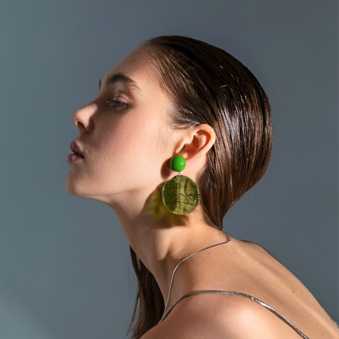 Translucent Green Disc Drop Earrings Silver Tone Detail