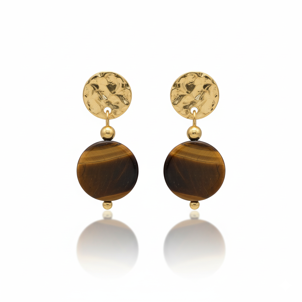 Tiger Eye Drop Earrings Gold Tone Brass