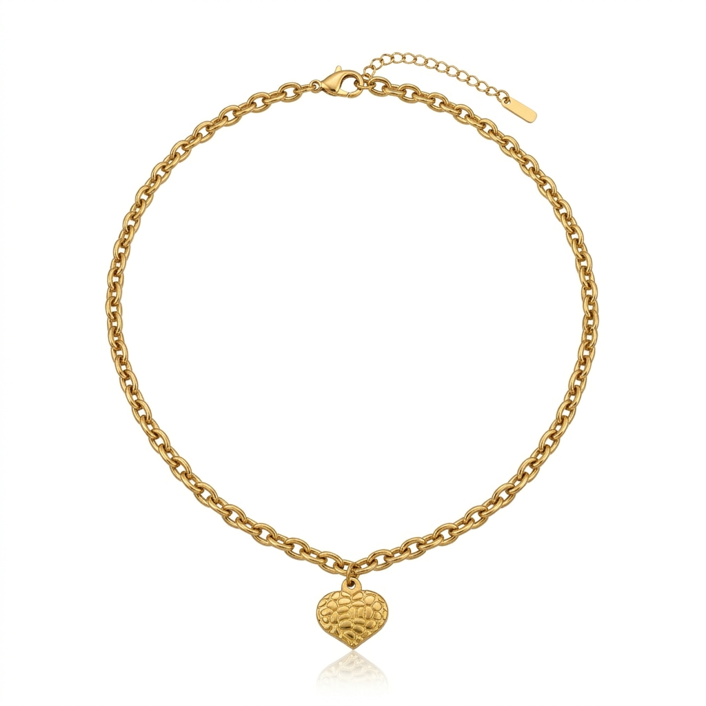 18K Gold Textured Heart Pendant Necklace for Women – Chunky Chain Charm Necklace