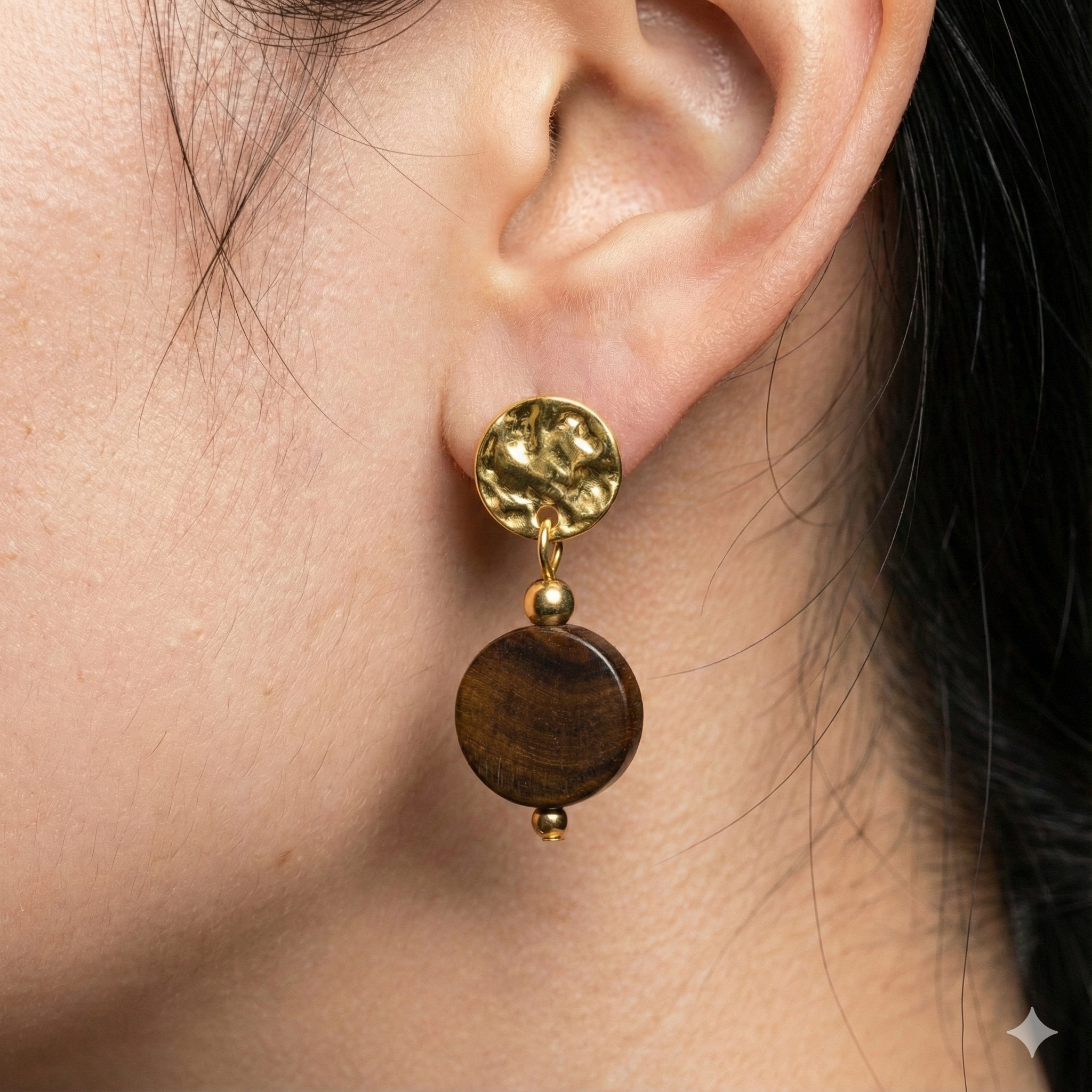 Tiger Eye Drop Earrings Gold Tone Brass