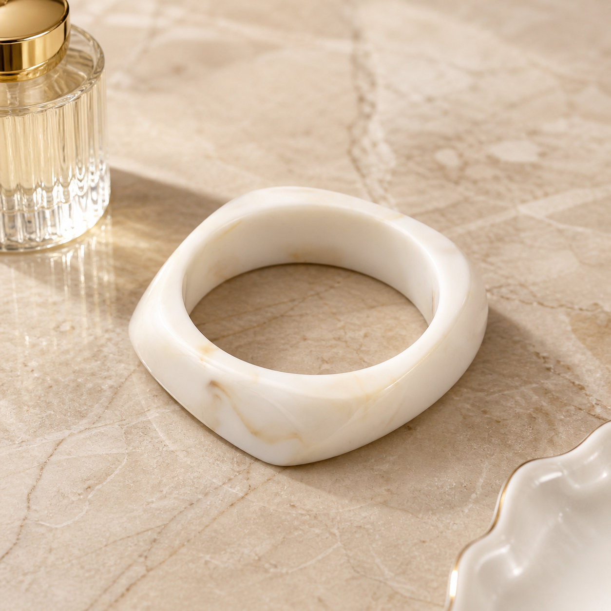 Ivory Marble Resin Irregular Square Bangle Bracelet for Women