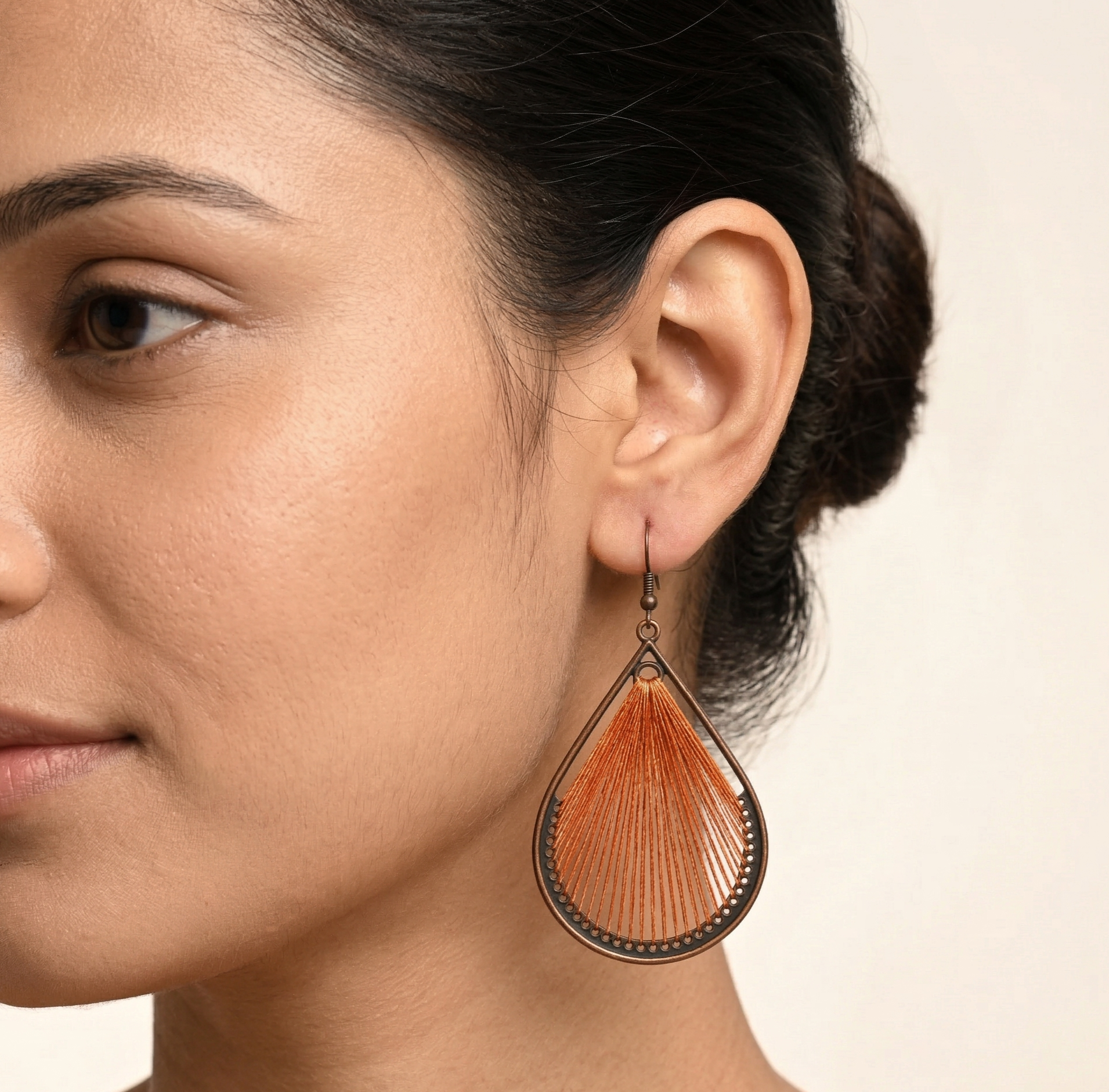 Bohemian Orange Thread Teardrop Earrings