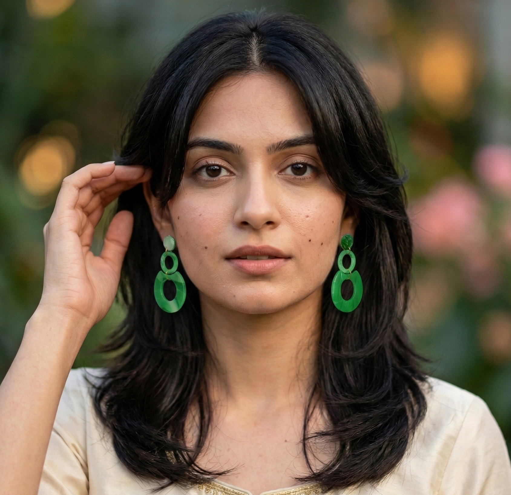 Green Abstract Resin Circle Drop Earrings Gold Tone Studs
