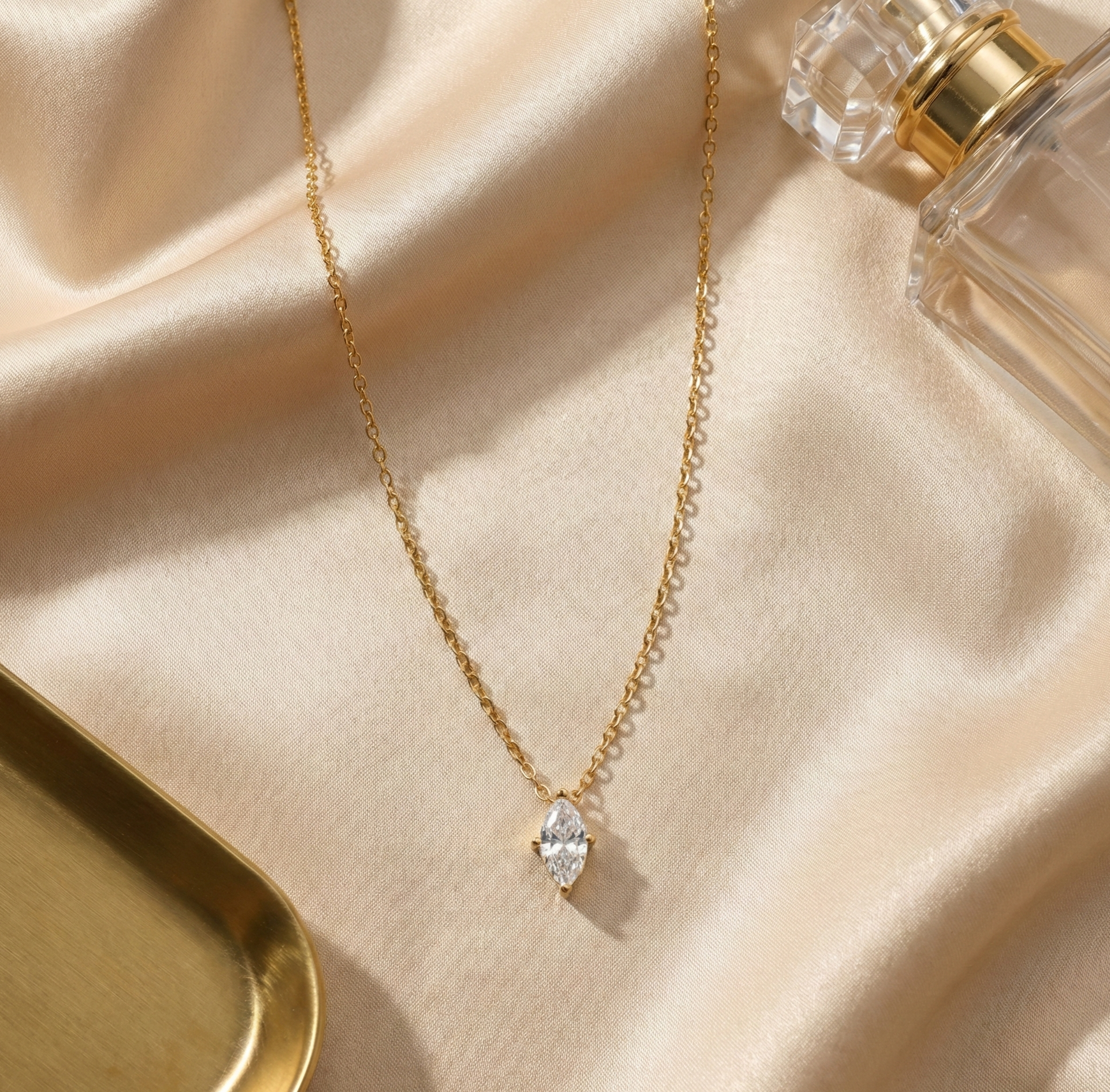 18K Gold Marquise Solitaire Necklace for Women – Dainty Pendant Chain