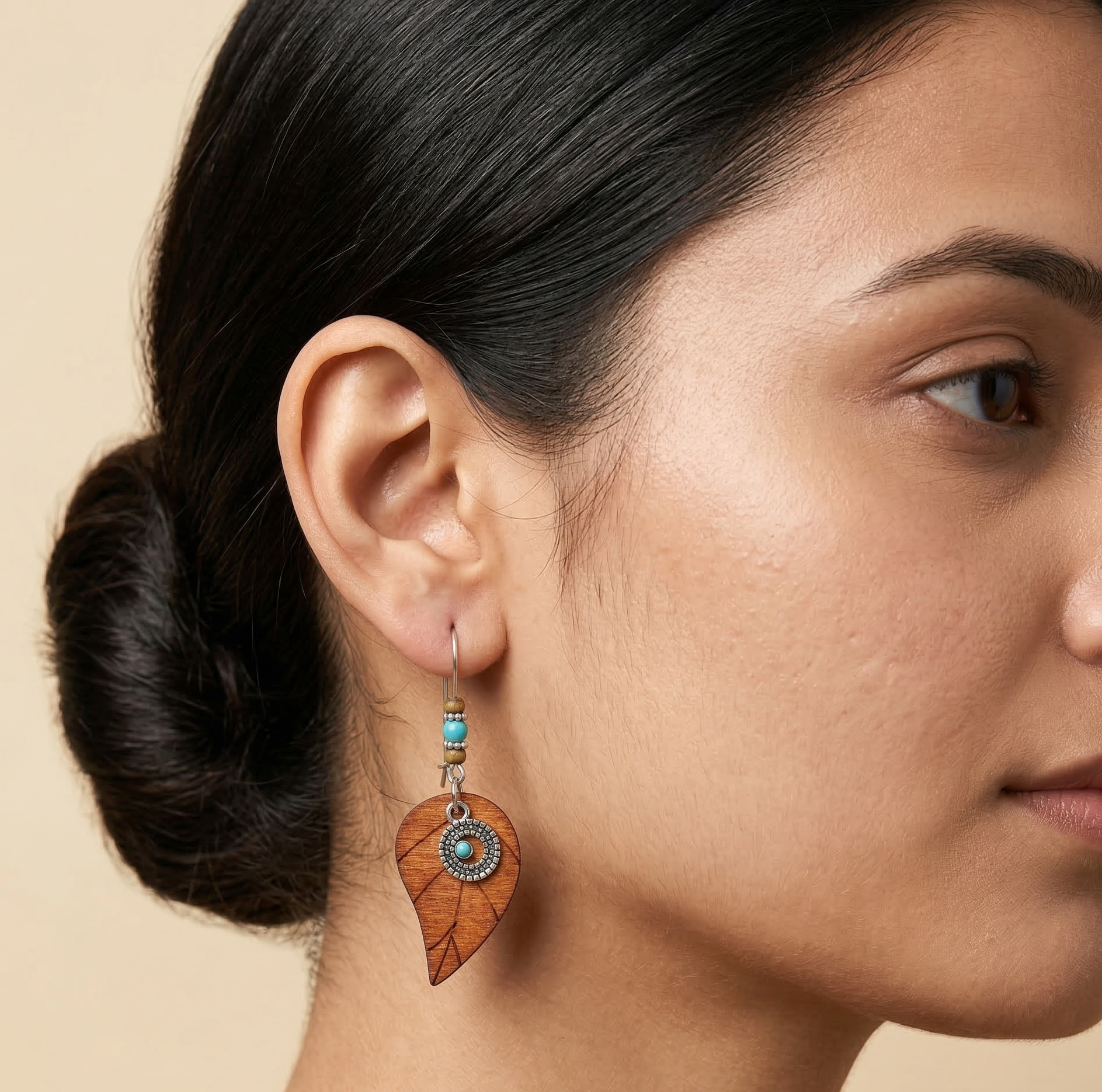 Bohemian Wooden Leaf Drop Earrings Silver Tone