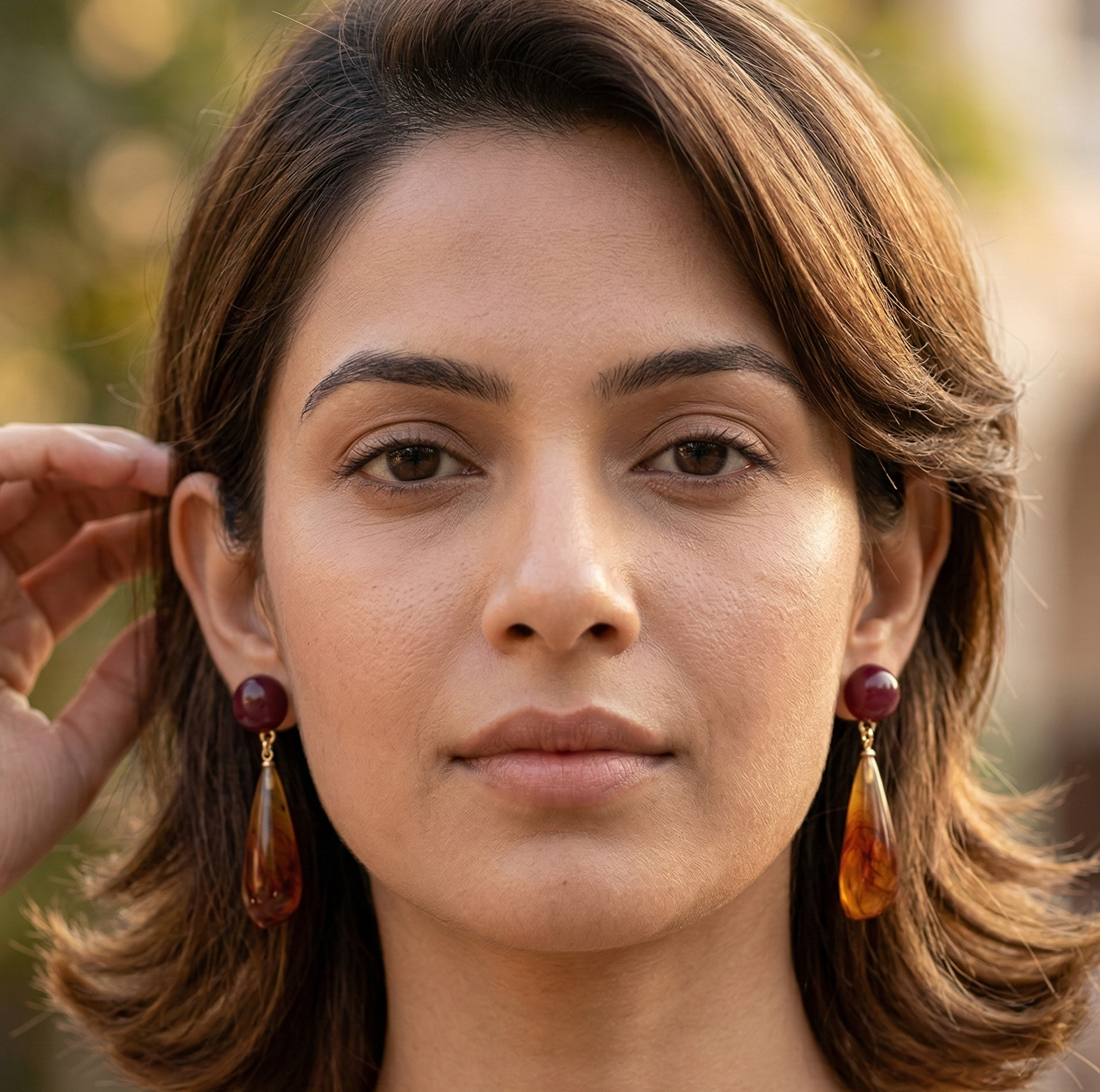 Amber Resin Teardrop Drop Earrings for Women in Wine Red and Gold Tone