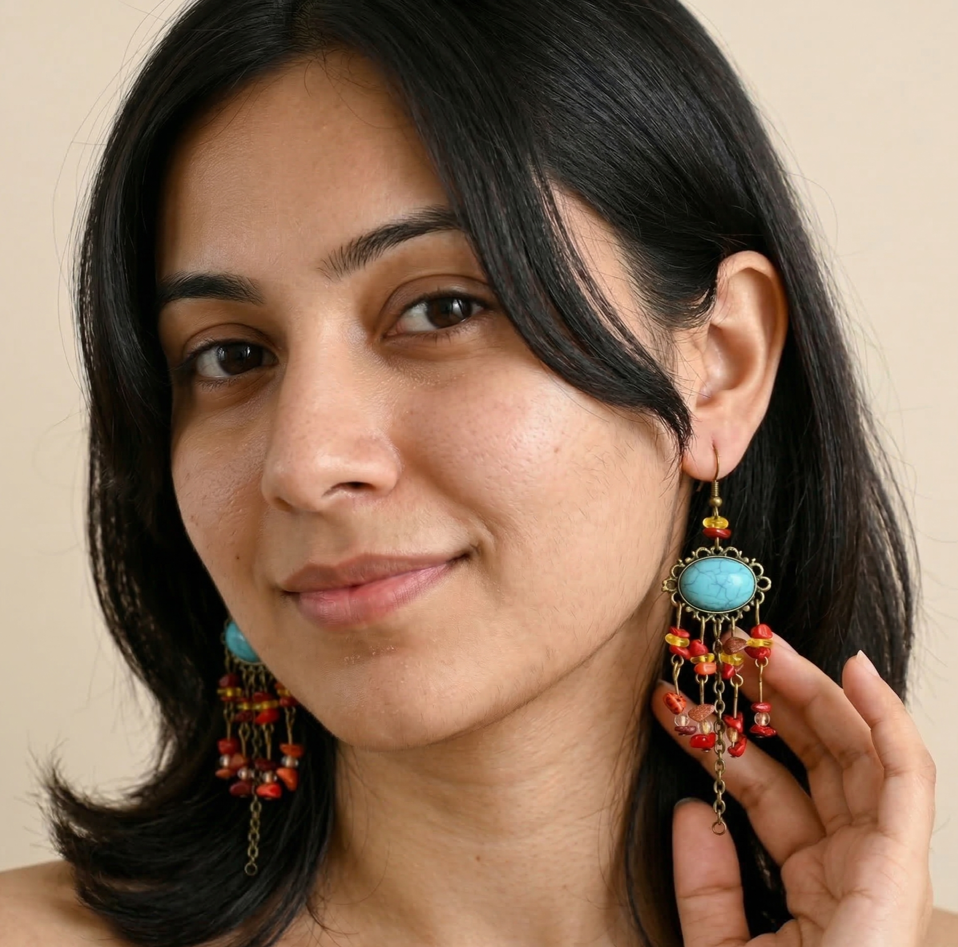 Vintage Turquoise and Red Tassel Drop Earrings