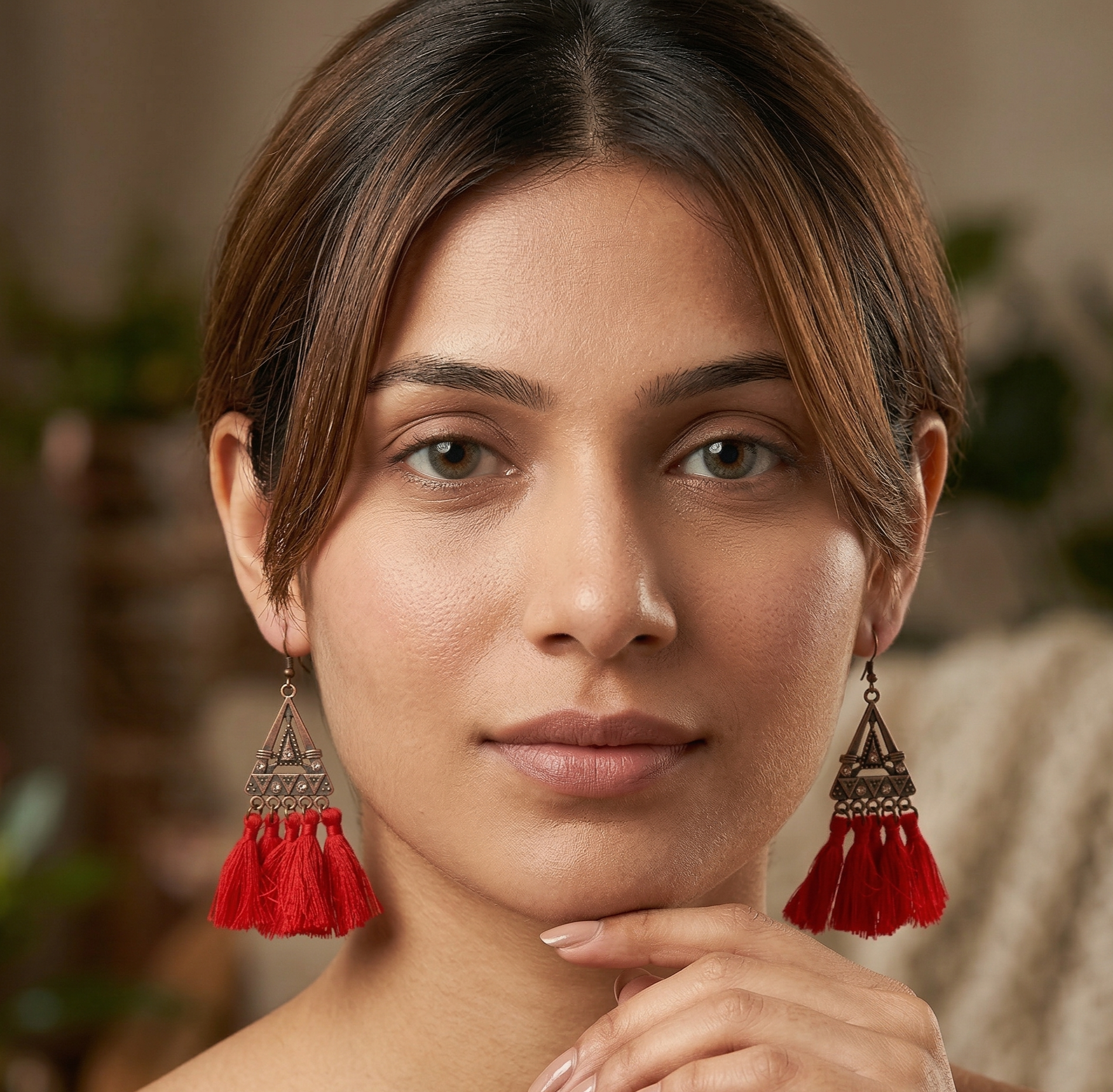 Retro Triangle Red Tassel Earrings for Women