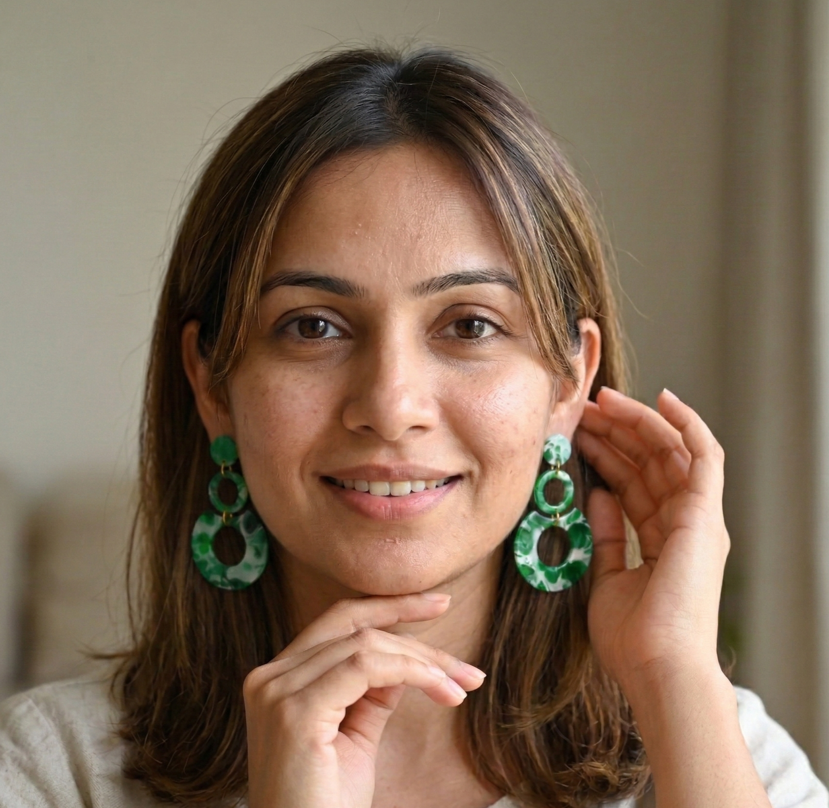 Green Marble Resin Circle Drop Earrings Gold Tone Studs