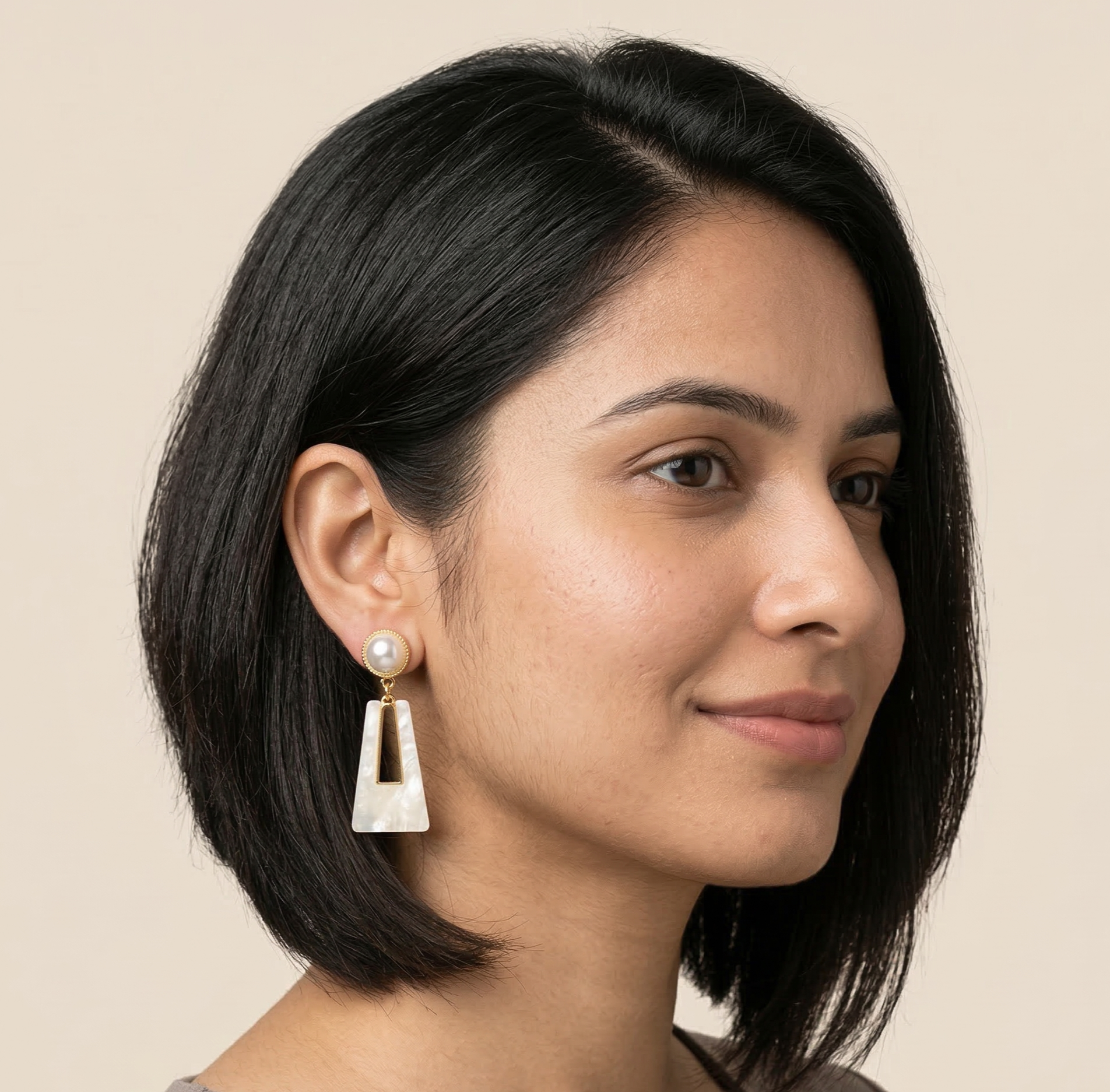 Pearl and White Geometric Drop Earrings Gold Tone Detail