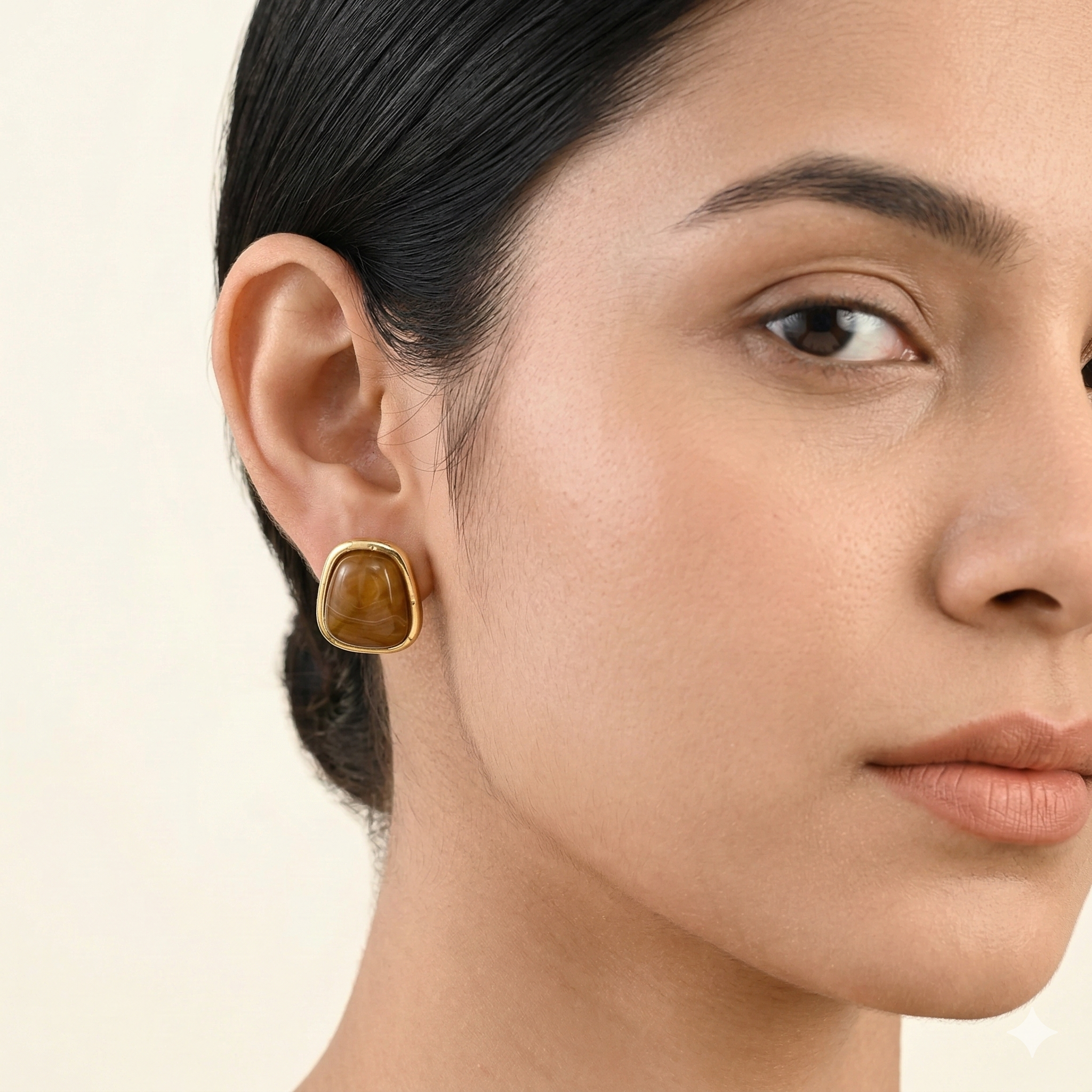 Coffee Brown Resin Square Stud Earrings with Gold Tone Frame
