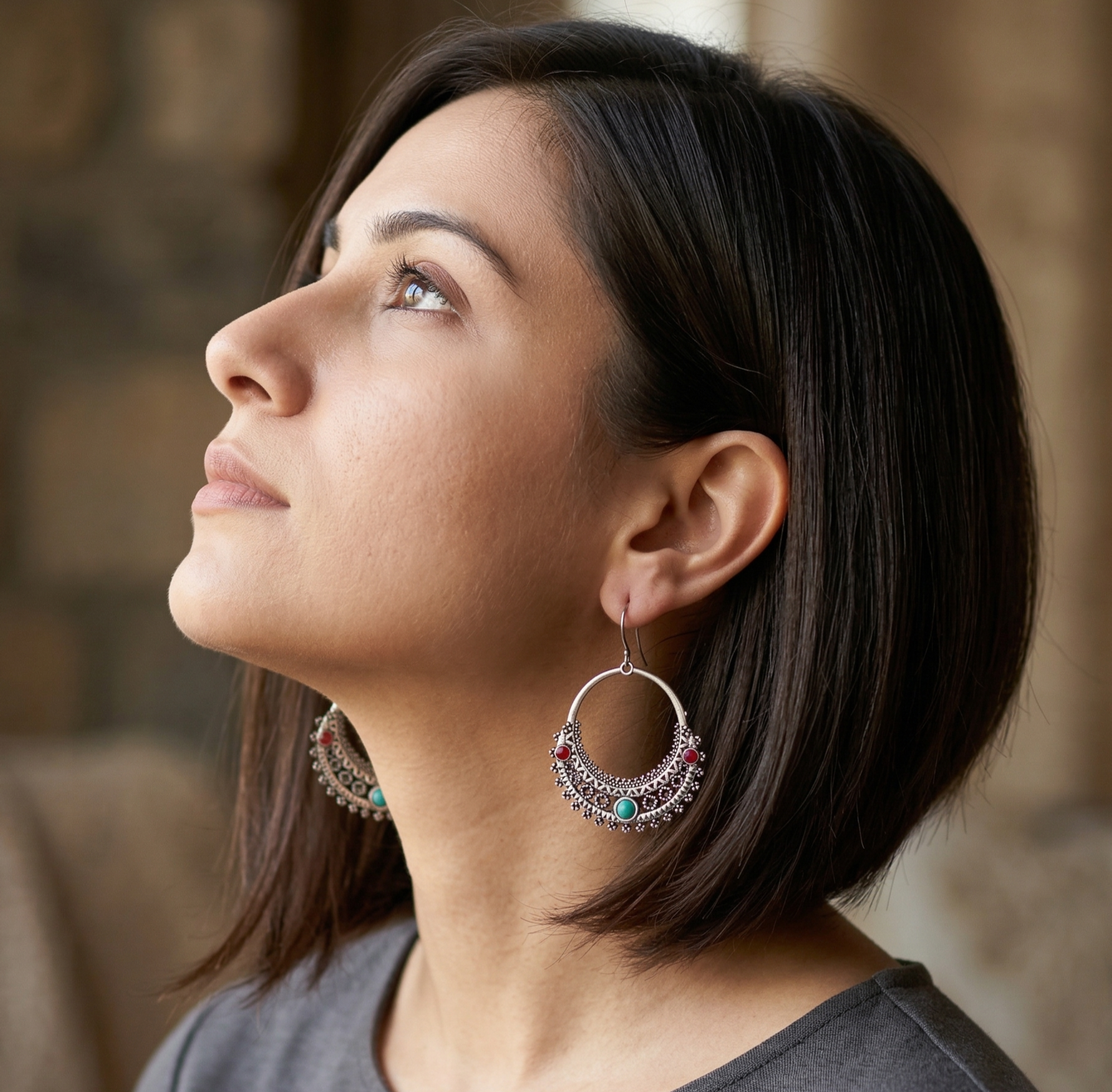 Bohemian Turquoise and Red Hoop Earrings Silver Tone Alloy