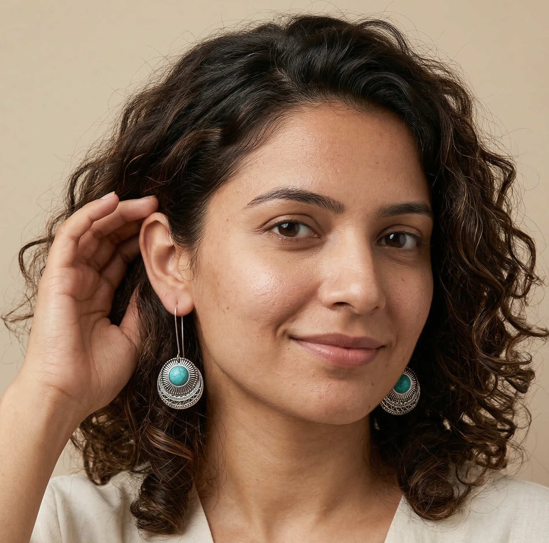 Retro Turquoise Round Drop Earrings Silver Tone Alloy