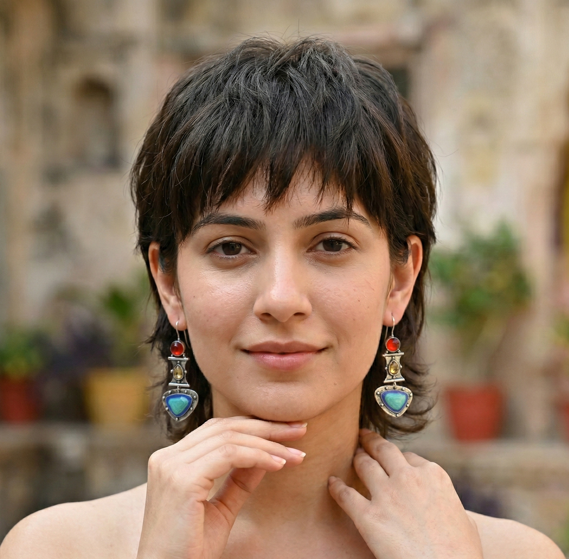 Blue Turquoise Drop Earrings Silver Tone