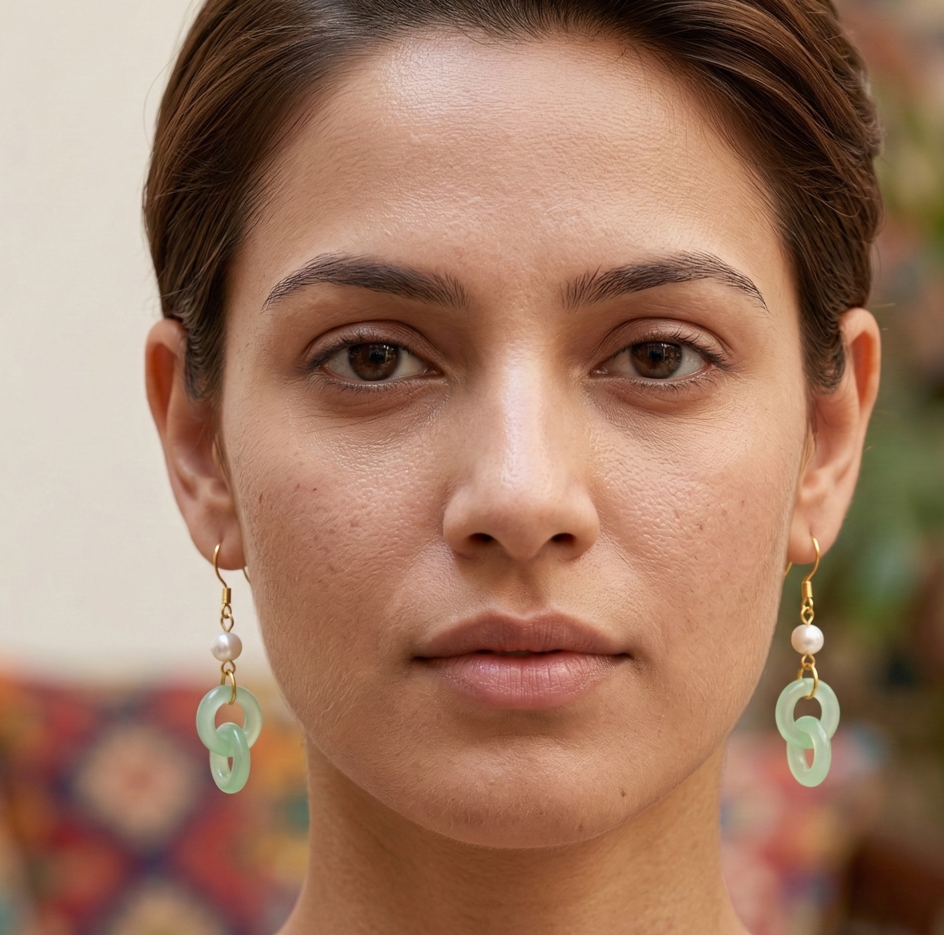 Mint Green Interlocking Resin Drop Earrings with Pearl Bead and Gold Tone Hooks