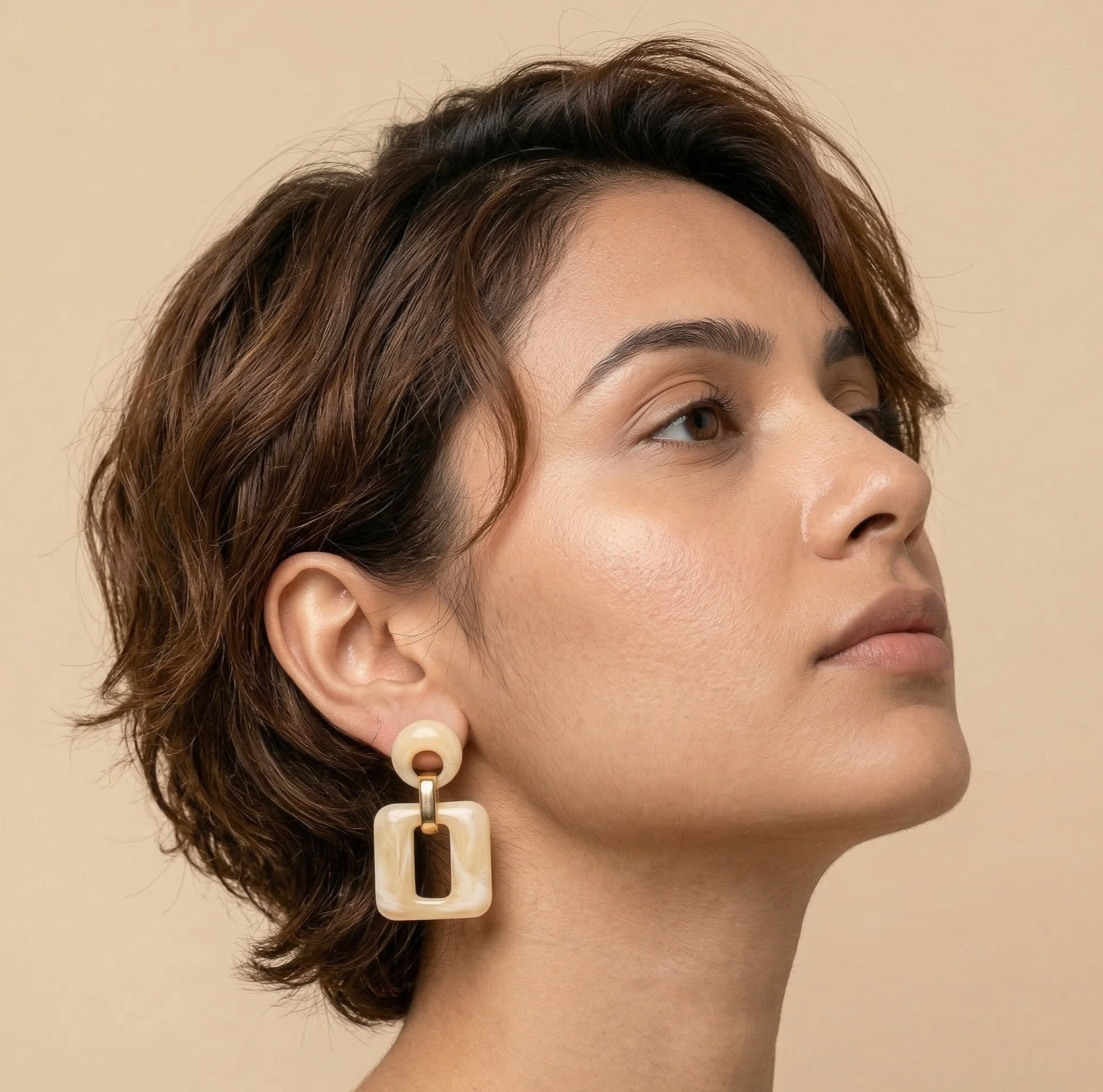 Cream Resin Open Square Drop Earrings Gold Tone Detail