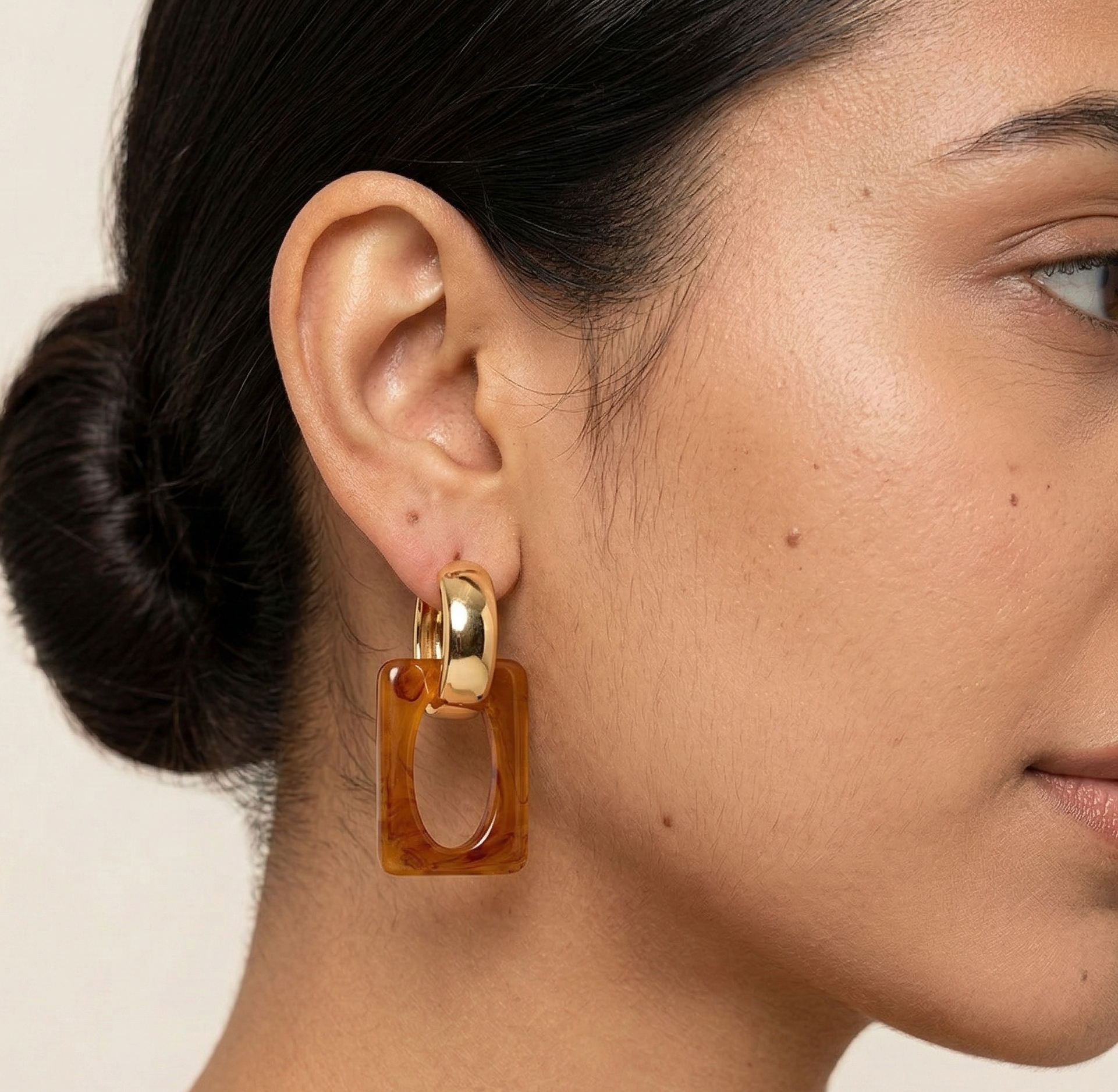 Amber Marbled Resin Rectangle Drop Earrings Gold Tone S925 Silver Pin