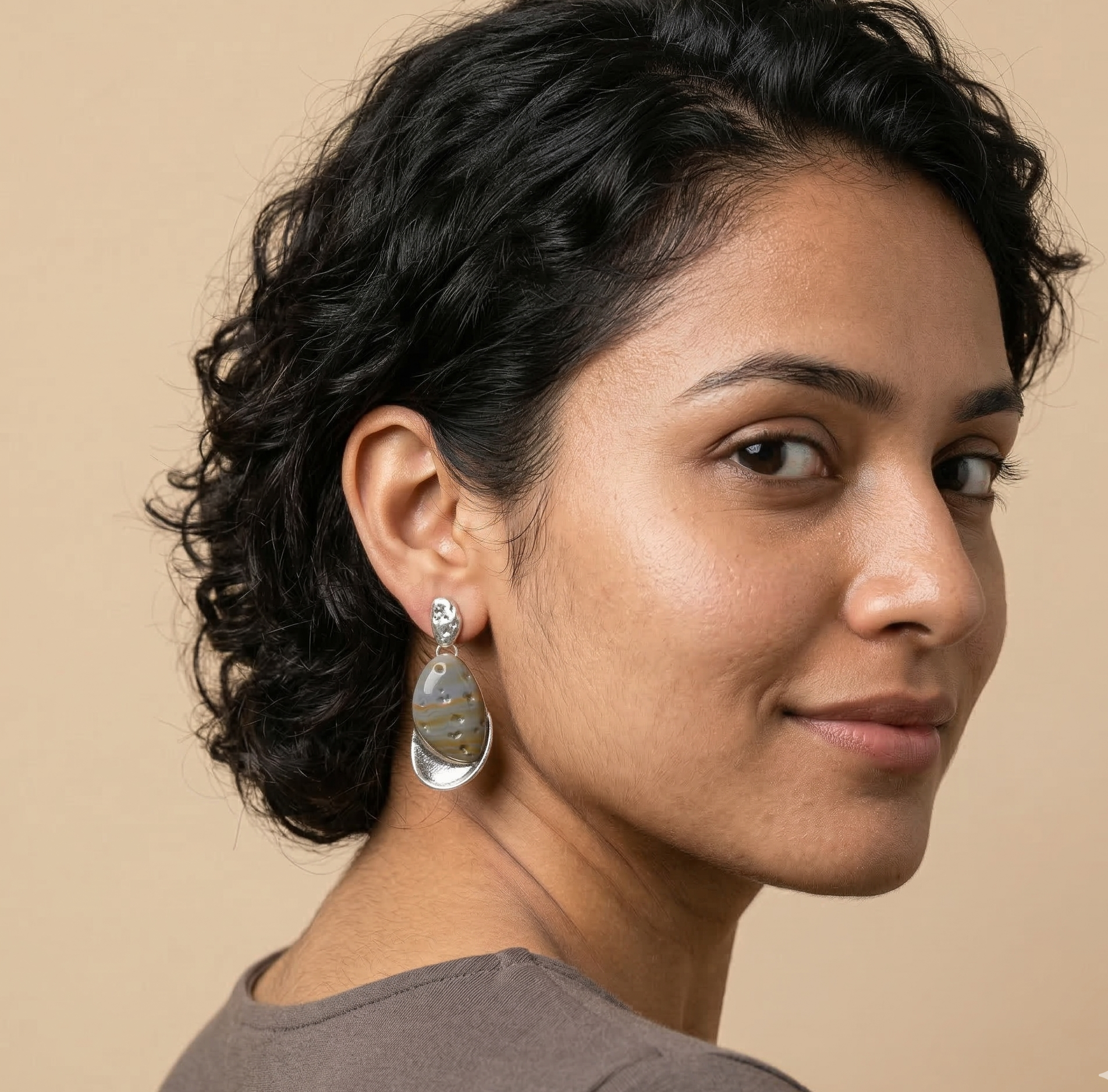Grey Resin Drop Earrings for Women with Silver Tone Detail
