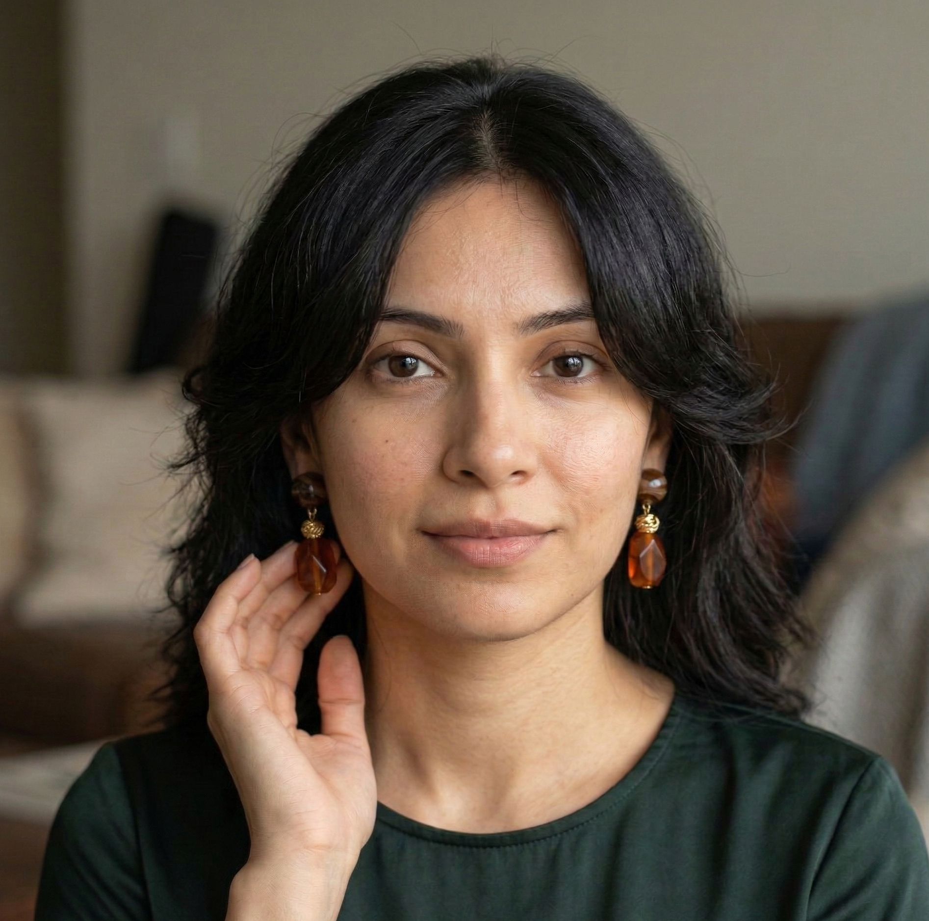 Amber Resin Dangle Earrings Gold Tone Studs