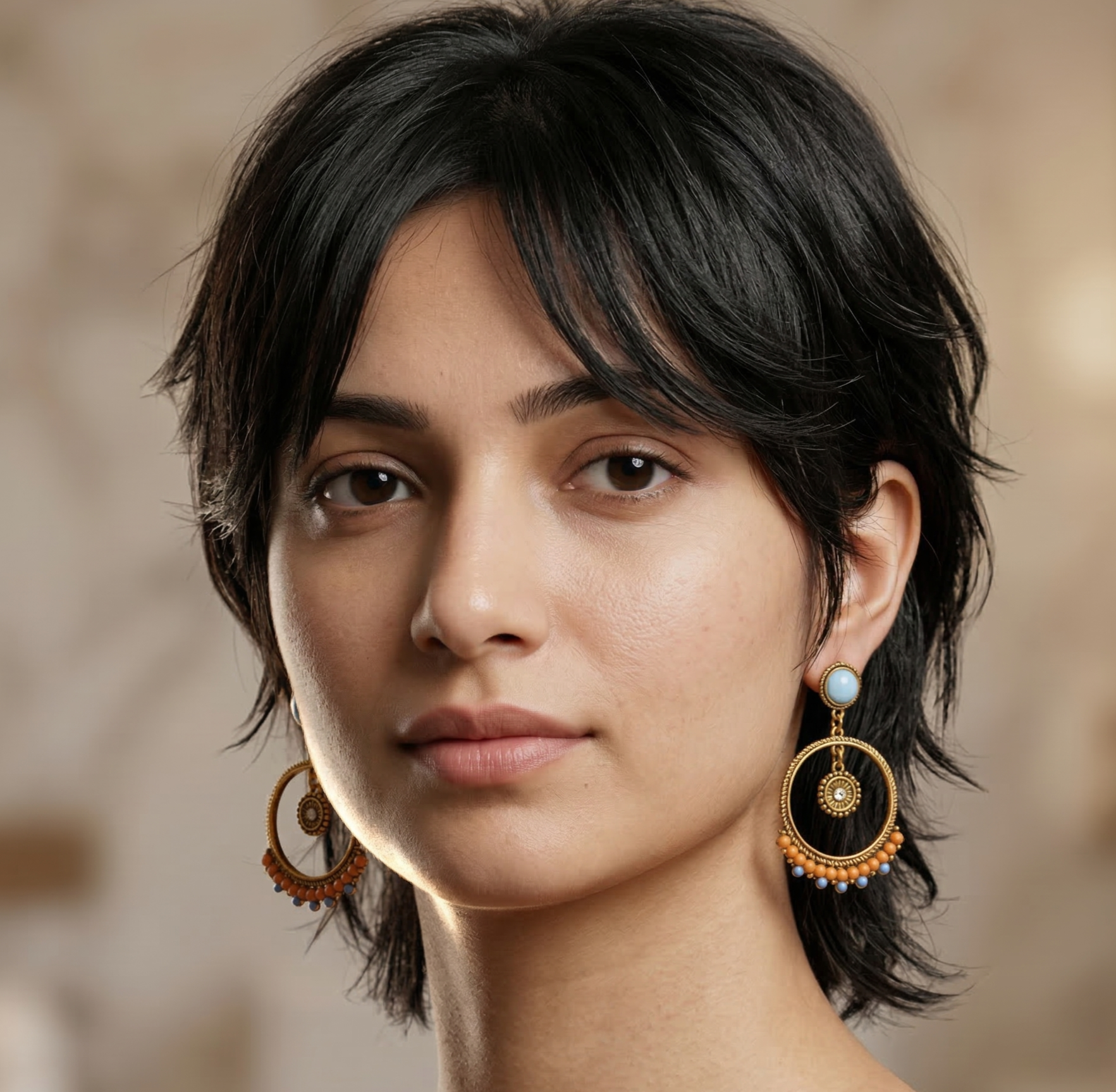Bohemian Beaded Hoop Drop Earrings Gold Tone Alloy