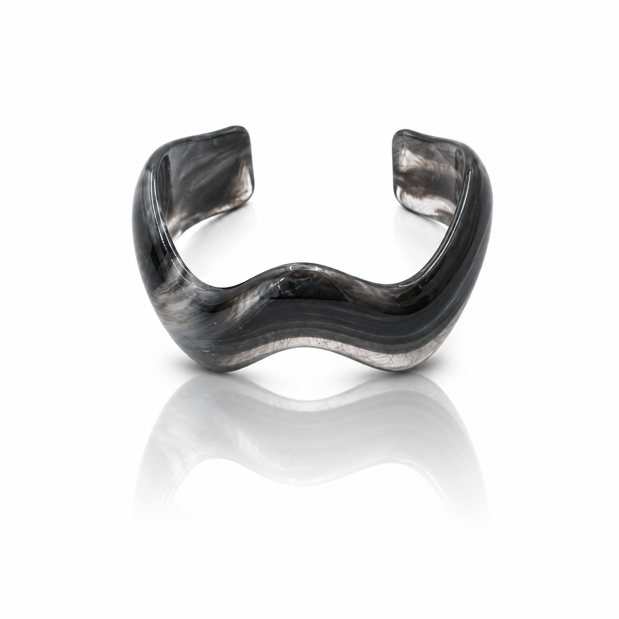 Black Marble Open Wave Resin Cuff Bracelet for Women