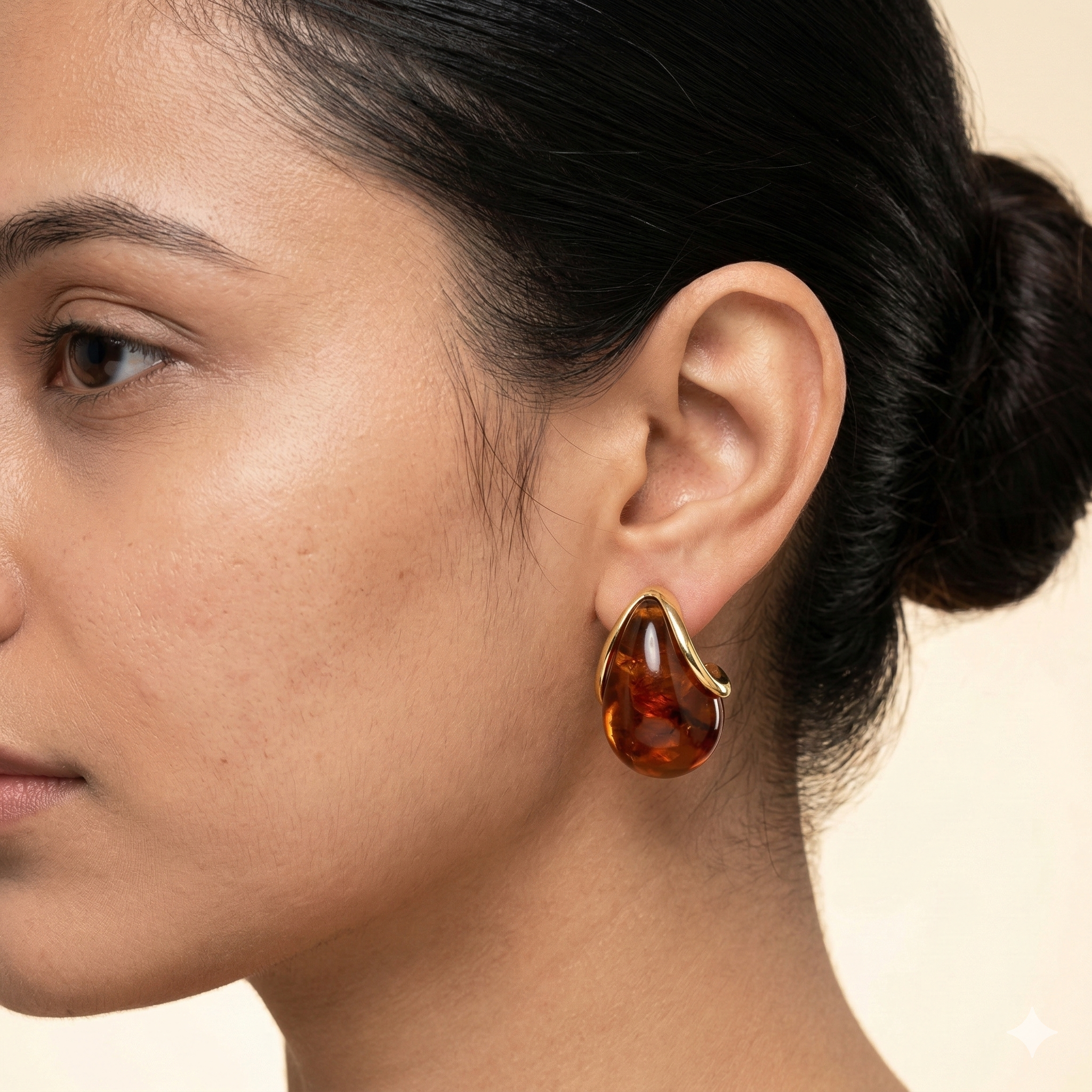 Amber Teardrop Resin Stud Earrings for Women with Gold Tone Detail