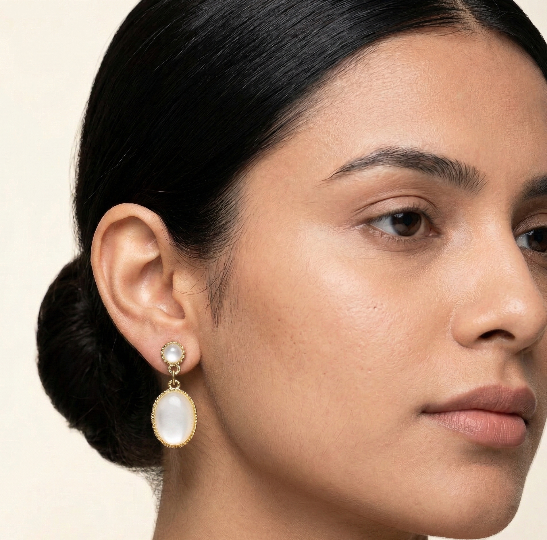 White Cat’s Eye Drop Earrings Gold Tone Stud Earrings